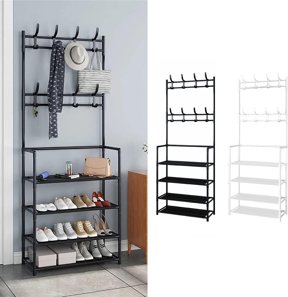 VIO Coat & Shoe Rack, Storage Shelf with 5 Levels for Shoes, Clothes, Bags, Hat, Umbrella Organizer, Multifunctional Organizer for Entryway, Hallway with 8 Hooks (Black)