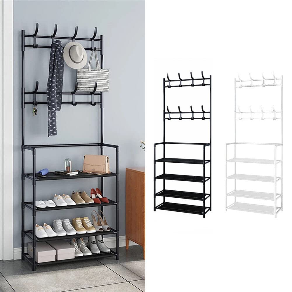 VIO Coat & Shoe Rack, Storage Shelf with 5 Levels for Shoes, Clothes, Bags, Hat, Umbrella Organizer, Multifunctional Organizer for Entryway, Hallway with 8 Hooks (Black)