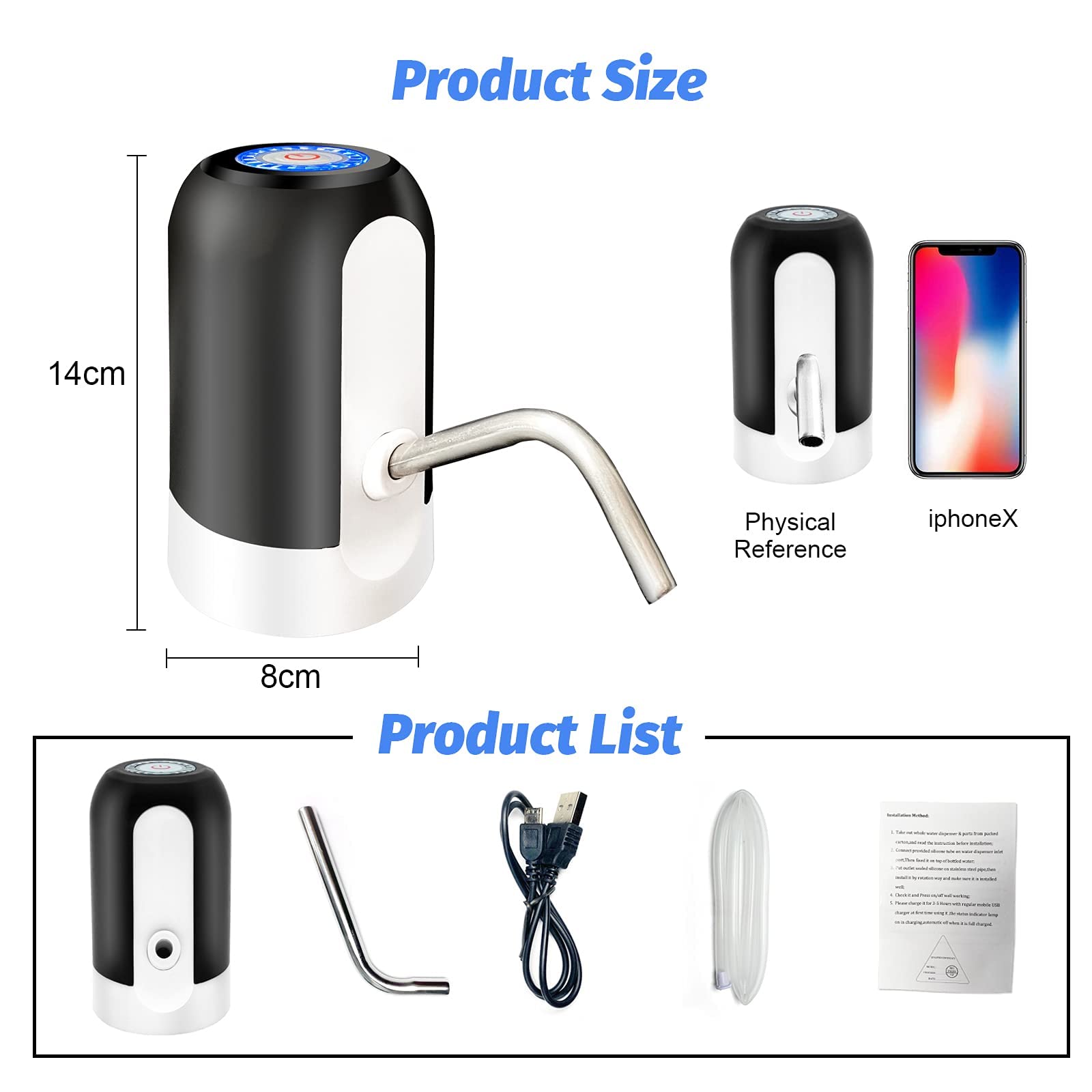 VIO Water Bottle Pump, Water Bottle Dispenser 5 Gallon USB Charging Automatic Drinking Water Pump Portable Electric Water Dispenser Water Bottle Switch (Black)