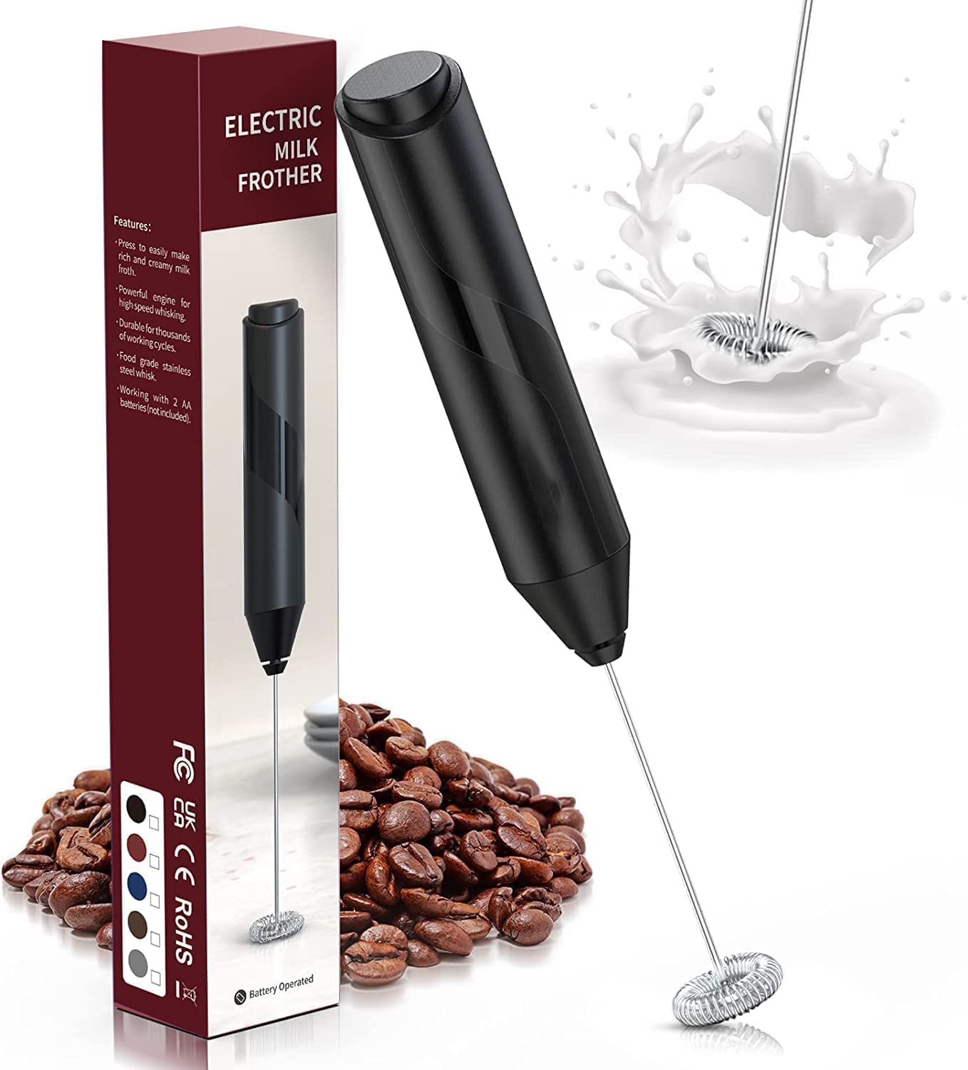 VIO Electric Milk Frother Handheld with High Motor, Mixer with Food Grade Stainless Steel Stirring Head, for Latte, Cappuccino,Drinks,Hot Chocolate. (Black)