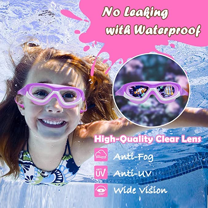 VIO Kids Swim Goggles, Swimming Goggles for Boys Girls, Professional Ear Plugs for Swimming Glasses with Nose Cover, Anti Fog, No Leaking, UV Protection