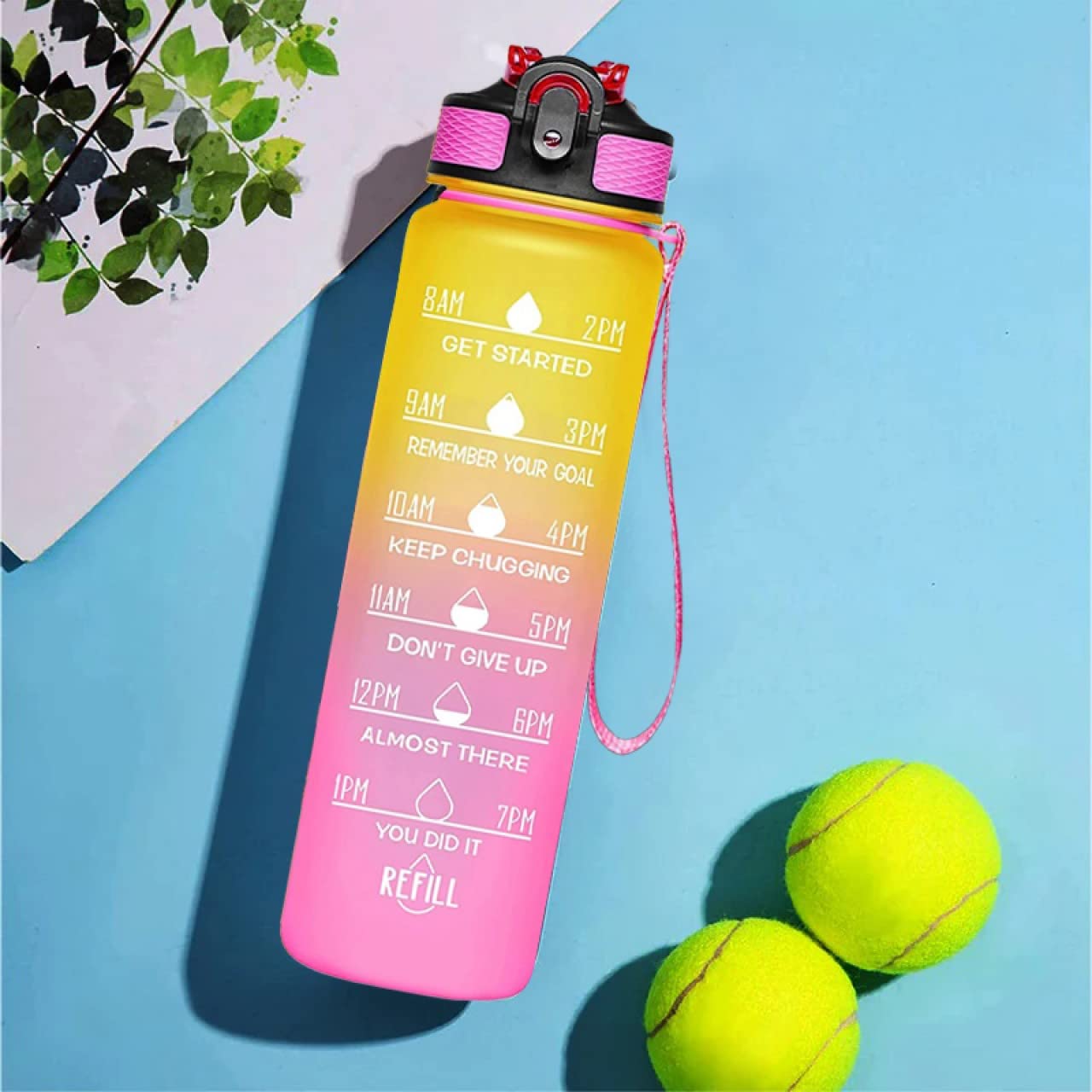 Vio Motivational Water Bottle With Time Marked To Drink, BPA Free Leak-Proof Sturdy,Daily Use For Fitness, Gym, Office and Outdoor Sports (blue-pink)