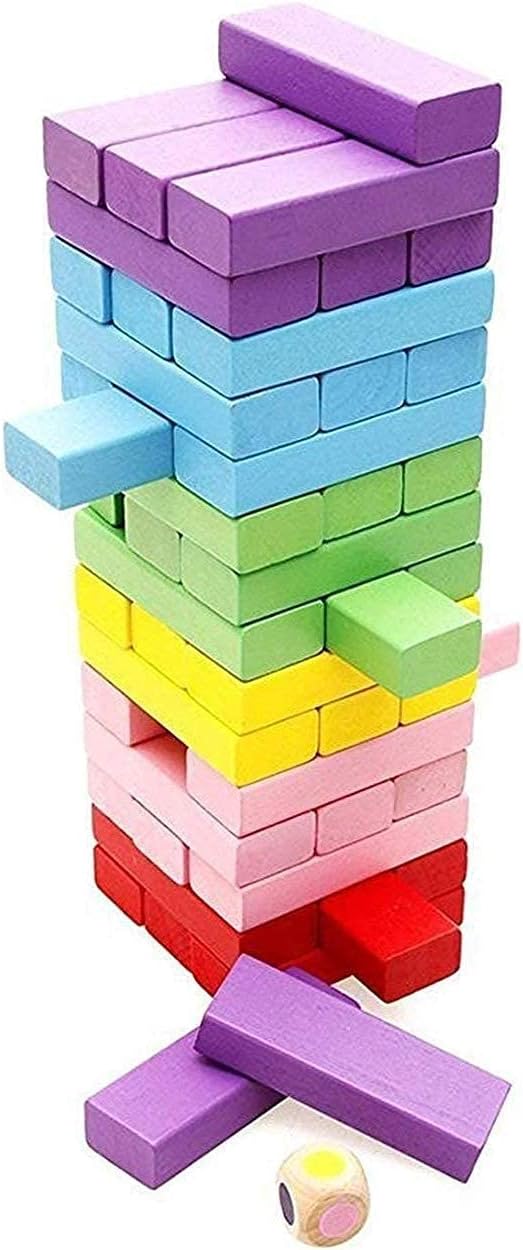 VIO 54 Pcs Wooden Blocks Games for Adults and Kids, Wood Tumbling Tower Stacking Toys with Dices Board Best Educational Puzzle Game