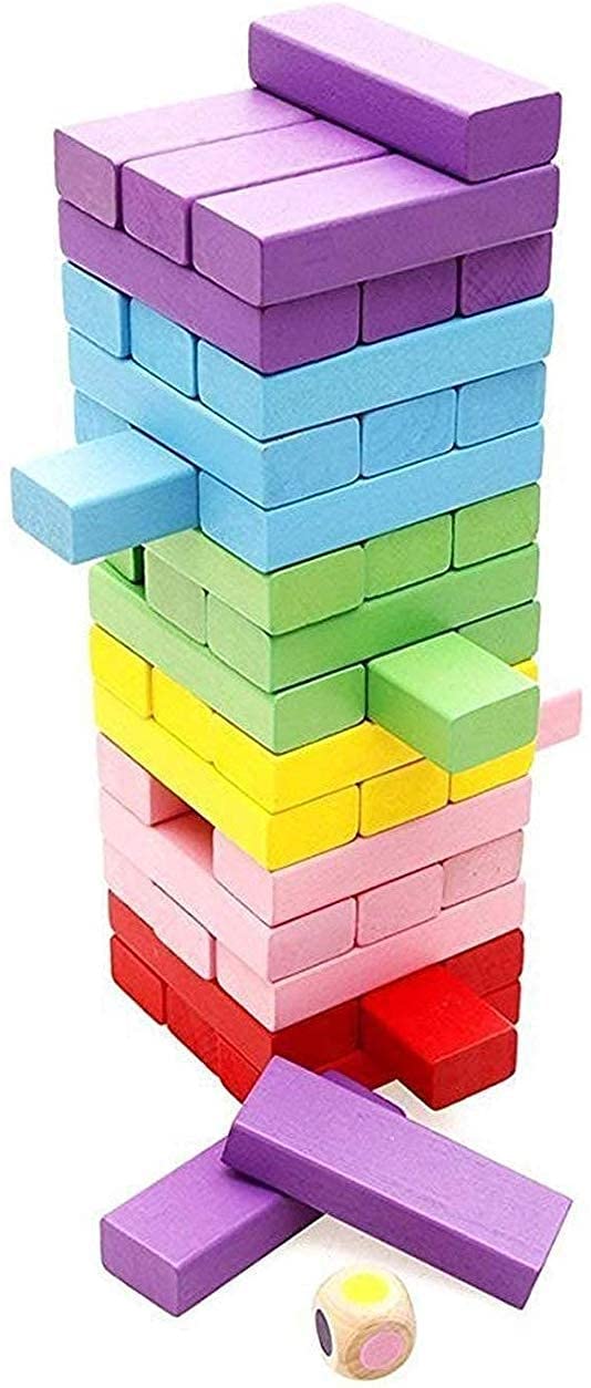 VIO 54 Pcs Wooden Blocks Games for Adults and Kids, Wood Tumbling Tower Stacking Toys with Dices Board Best Educational Puzzle Game