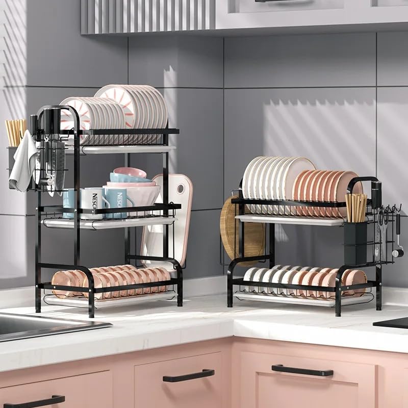 VIO 3 Tier Dish Drying Rack for Kitchen Counter Shelf with Water Drain Tray, Tableware, Utensil & Cutting Board Holder. Large Capacity Rustproof Durable Organizer Storage - 63.2x26.8x13.8cm Black