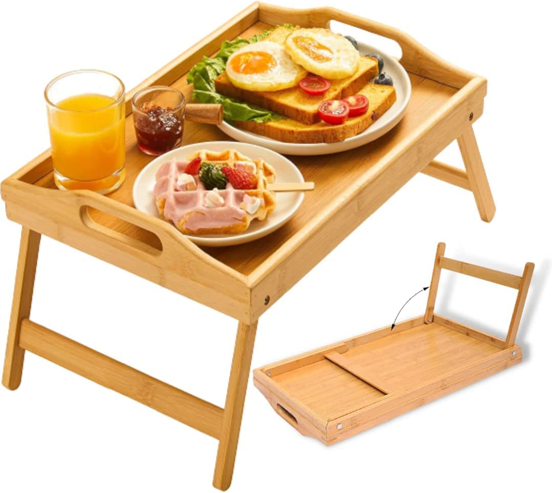 VIO Bamboo Bed Tray Table for Eating Foldable Breakfast Tray for Bed, Laptop Tray Snack Tray Breakfast Tray Bed Table Drawing Table