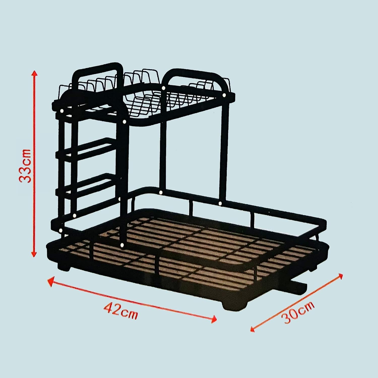 VIO Space Saving Dish Drying Rack, Stainless Steel Tiered Dish Rack with Drain Board, Large Capacity Kitchen Dish Drainer Organizer with Utensil Holder (2 Level Black)