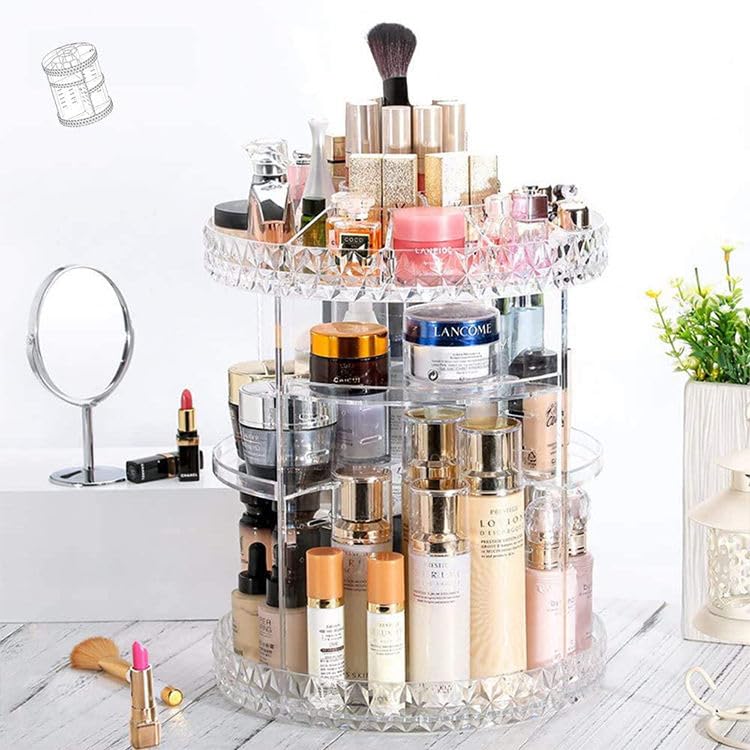 VIO Diamond Makeup Organizer, Clear Acrylic 360 Degree Rotating Cosmetic Storage Organizer, 6-Layer Adjustable Makeup Display Case, Organizer for Lipsticks and Makeup Brushes