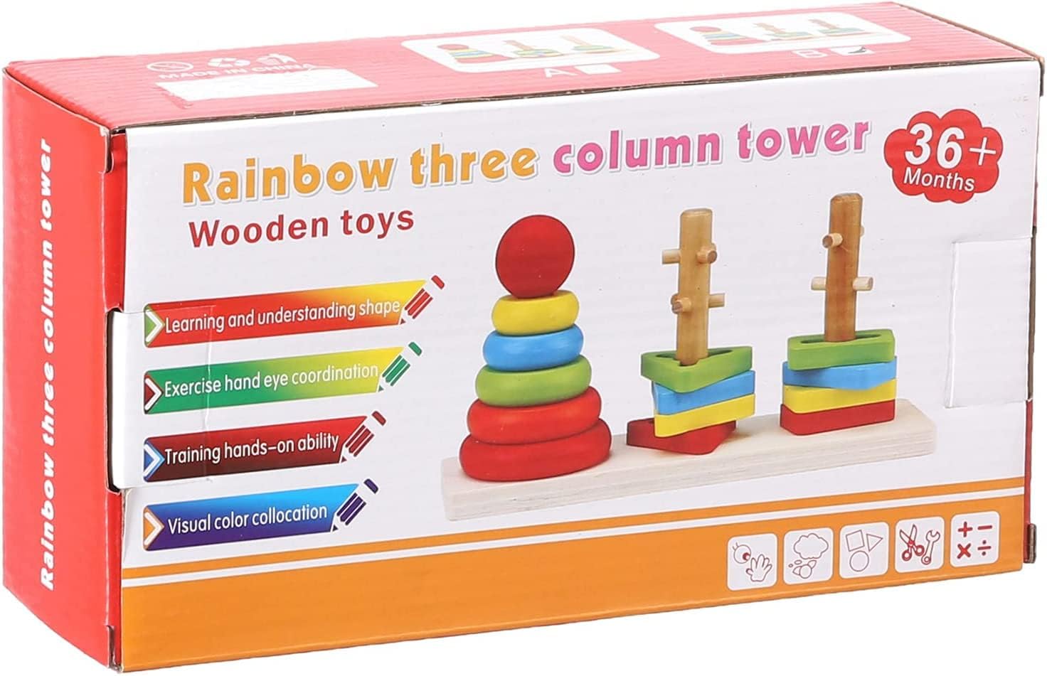 VIO Baby Toys Wooden Column Shape Set Of Rainbow Tower, Rainbow Three Column Tower Toy