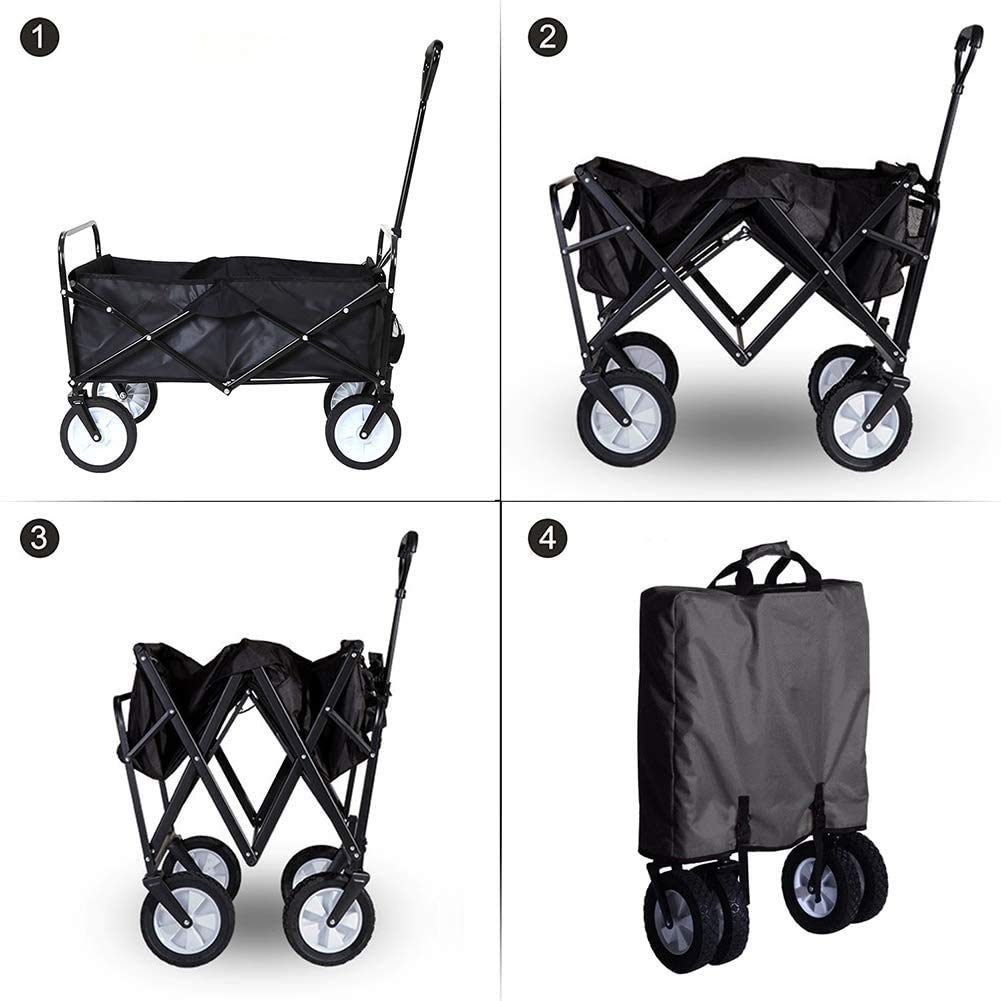 VIO Collapsible Folding Outdoor Utility Wagon Trolley, Heavy Duty Garden Cart with Wheel Brakes and 2 Cup Holders, for Shopping,Picnic,Beach (Black)