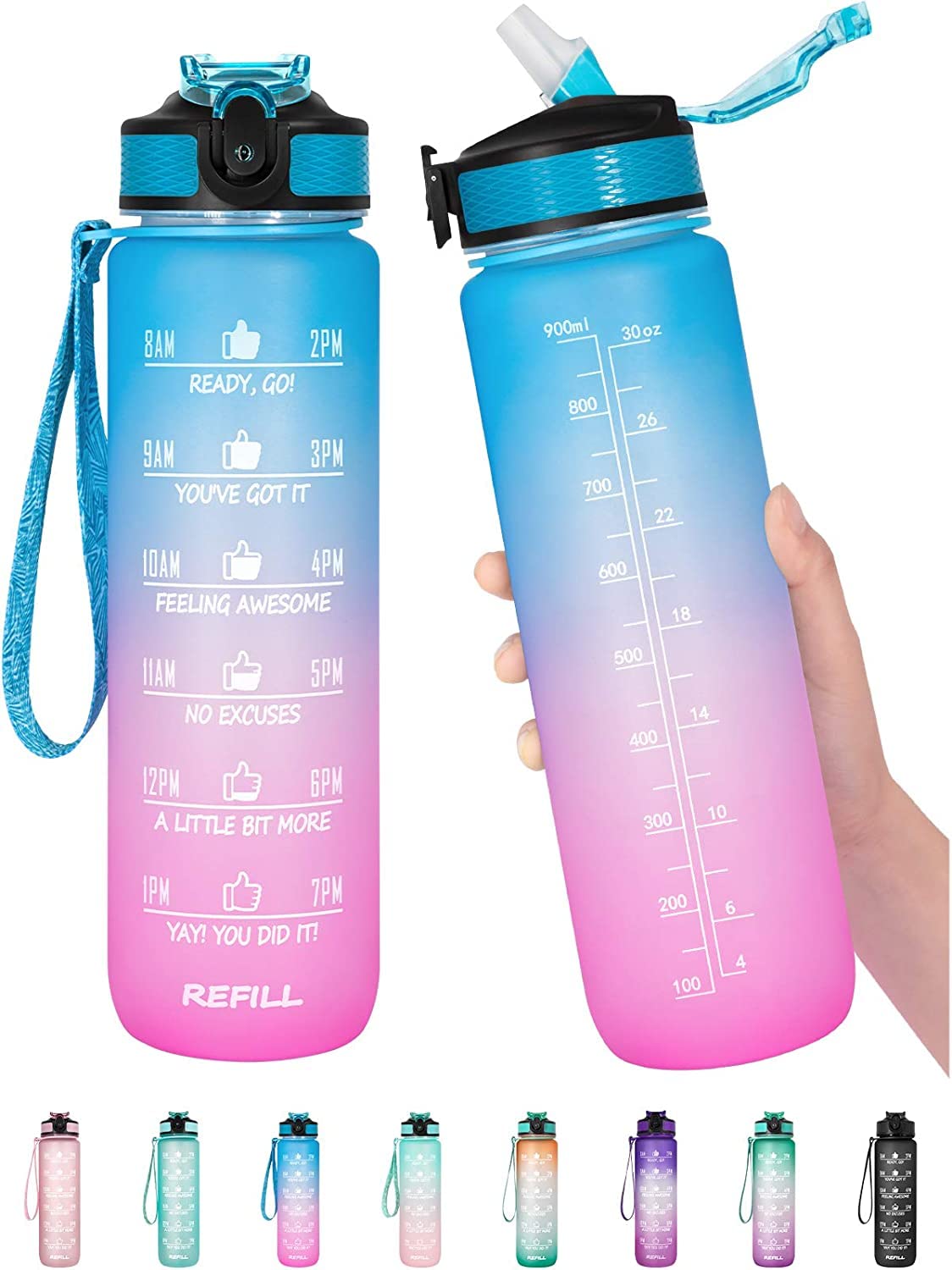 Vio Motivational Water Bottle With Time Marked To Drink, BPA Free Leak-Proof Sturdy,Daily Use For Fitness, Gym, Office and Outdoor Sports (blue-pink)