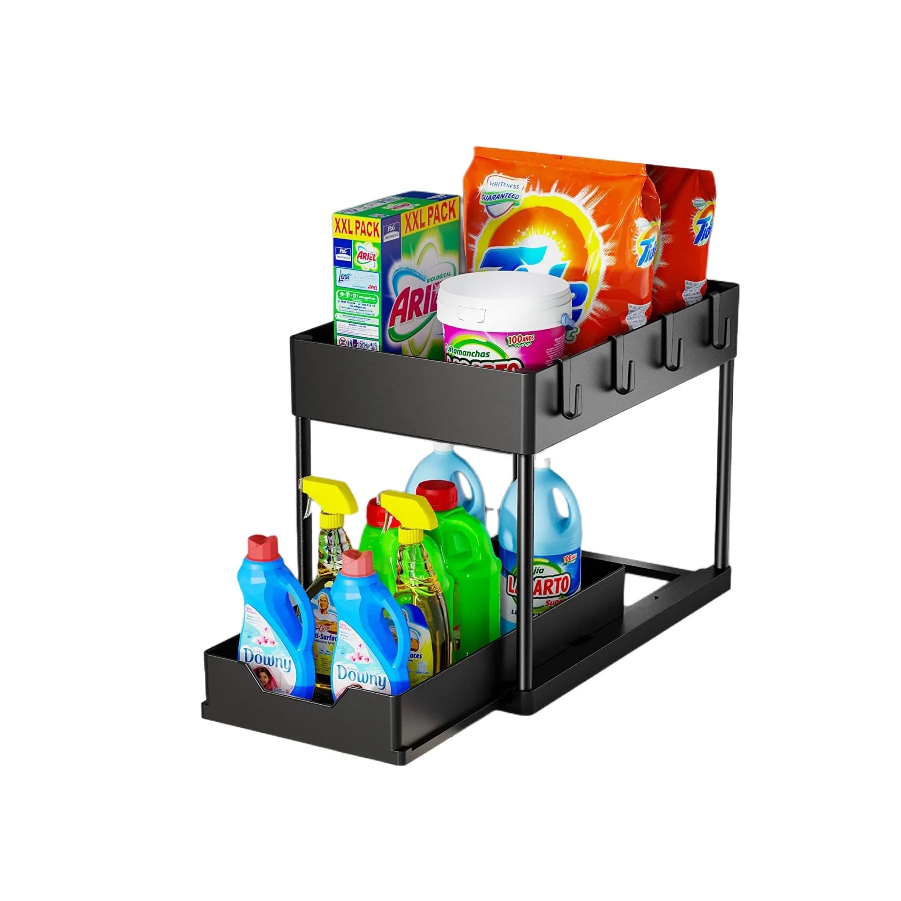 VIO 2-Tier Slide Out Organizer for Condiments, Toiletries, Cosmetics, Laundry Products, Multifunctional Sliding Shelf Storage Rack Kitchen Countertop, Under Sink, Bathroom, Home, Office (Black)