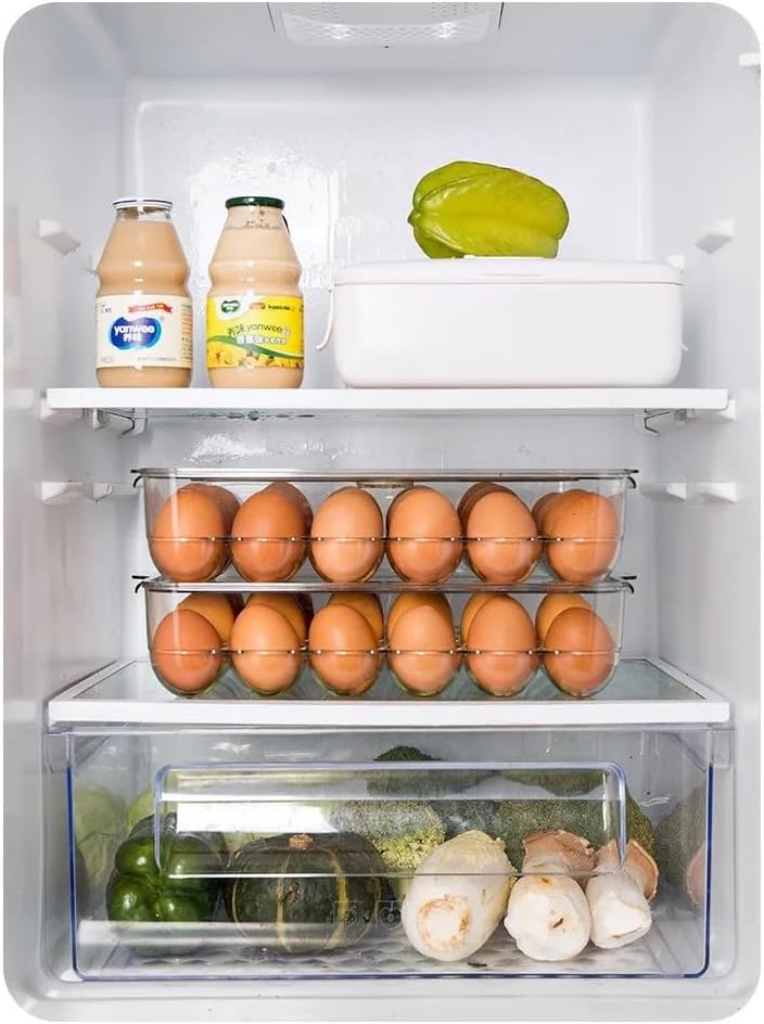 VIO Egg Holder for Refrigerator, Reusable Plastic Egg Organiser, Plastic Egg Storage Container, Clear Stackable Egg Tray with Lid, Clear Fridge Storage Box, Holds 24 Eggs (Clear-Blue Crisper)