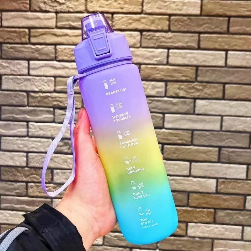 VIO Leak-proof Durable Water Bottle, Motivational Bottle with Straw Sipper, Unbreakable Time Marker Water Bottle for Gym, Office, School, Home, Camping, Hiking, Fitness (Purple Yellow Blue)