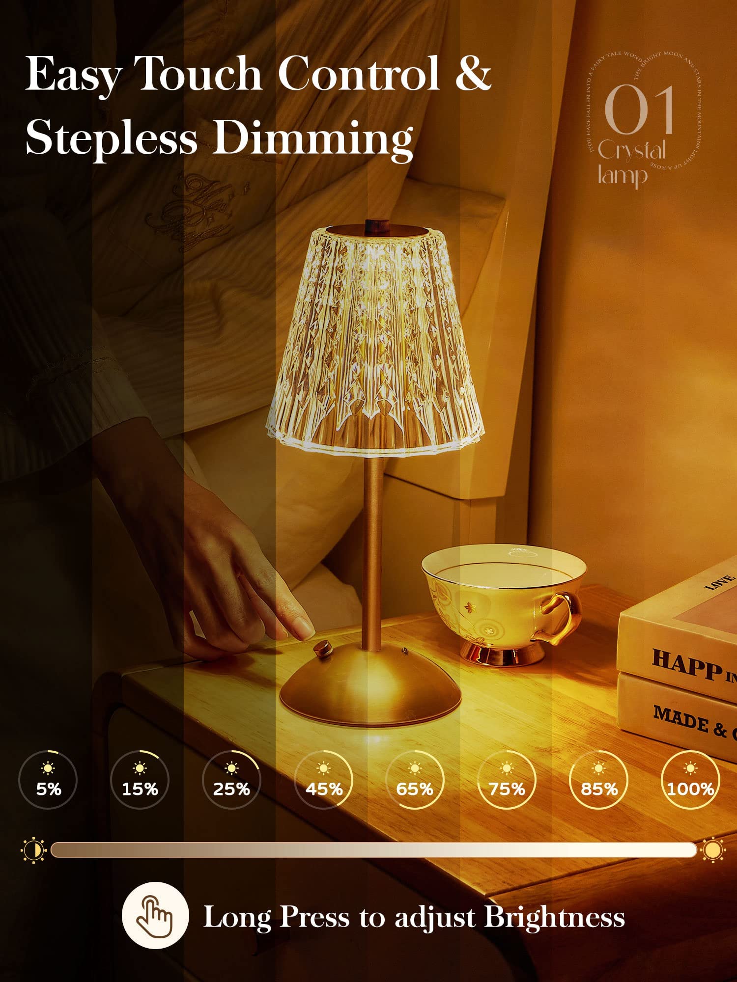 VIO Table Lamps, Dimmable Crystal Table Lamp, 3 Colors LED Rose Lamp Diamond Crystal Lamp, Rechargeable Touch Lamp Small Lamp, Bedside Lamp Nightstand Lamp for Bedroom Living Room Dinner Bar