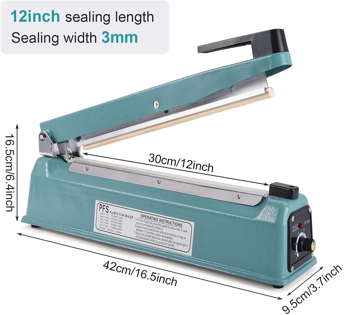 VIO Impulse Bag Sealer, Manual Poly Bag Sealing Machine w/Adjustable Timer Electric Heat Seal Closer (300 mm)
