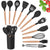 VIO Kitchen Utensil Set,12 Piece Cooking Utensils Set, Heat Resistant Cookware Set with Wooden Handle, Non-Stick Kitchen Utensils, Kitchen Set with Holder, Spatula Set with Spatula Tongs (BLACK)