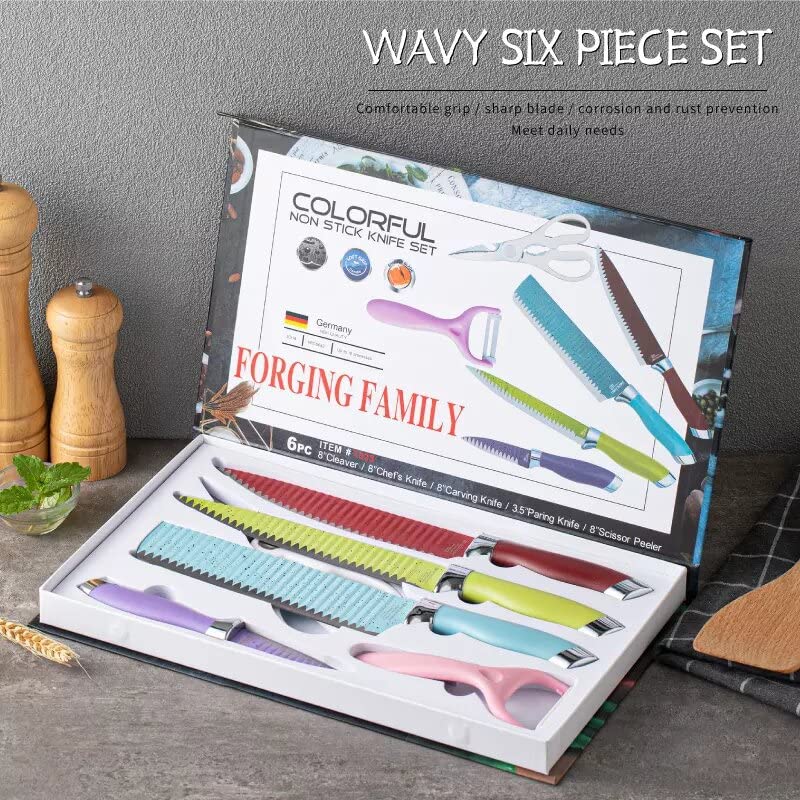 Vio 6 pcs Kitchen Knives Eco-friendly Spray Paint Chef Knife Peel Kitchen Scissors Set non stick cookware, Sharp Kitchen Knife Boxed Set for Slicing,Paring and Cooking