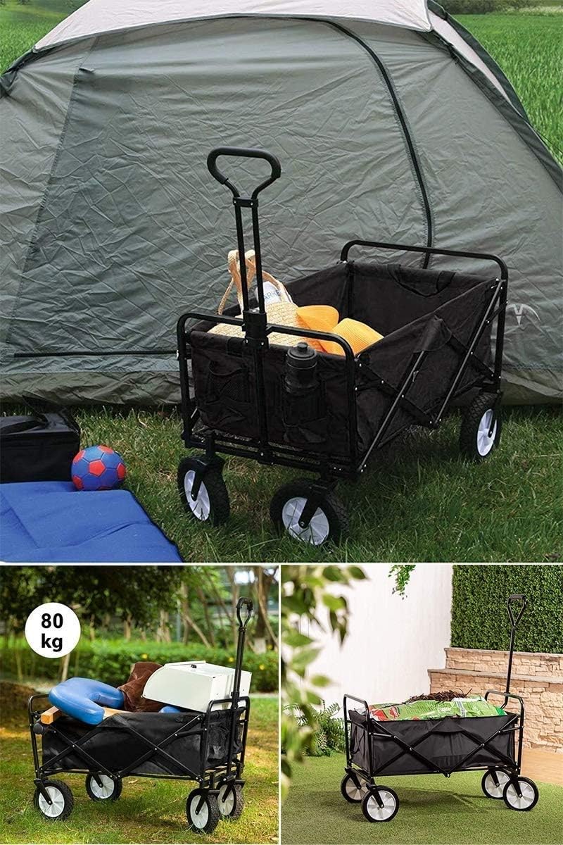VIO Collapsible Folding Outdoor Utility Wagon Trolley, Heavy Duty Garden Cart with Wheel Brakes and 2 Cup Holders, for Shopping,Picnic,Beach (Black)