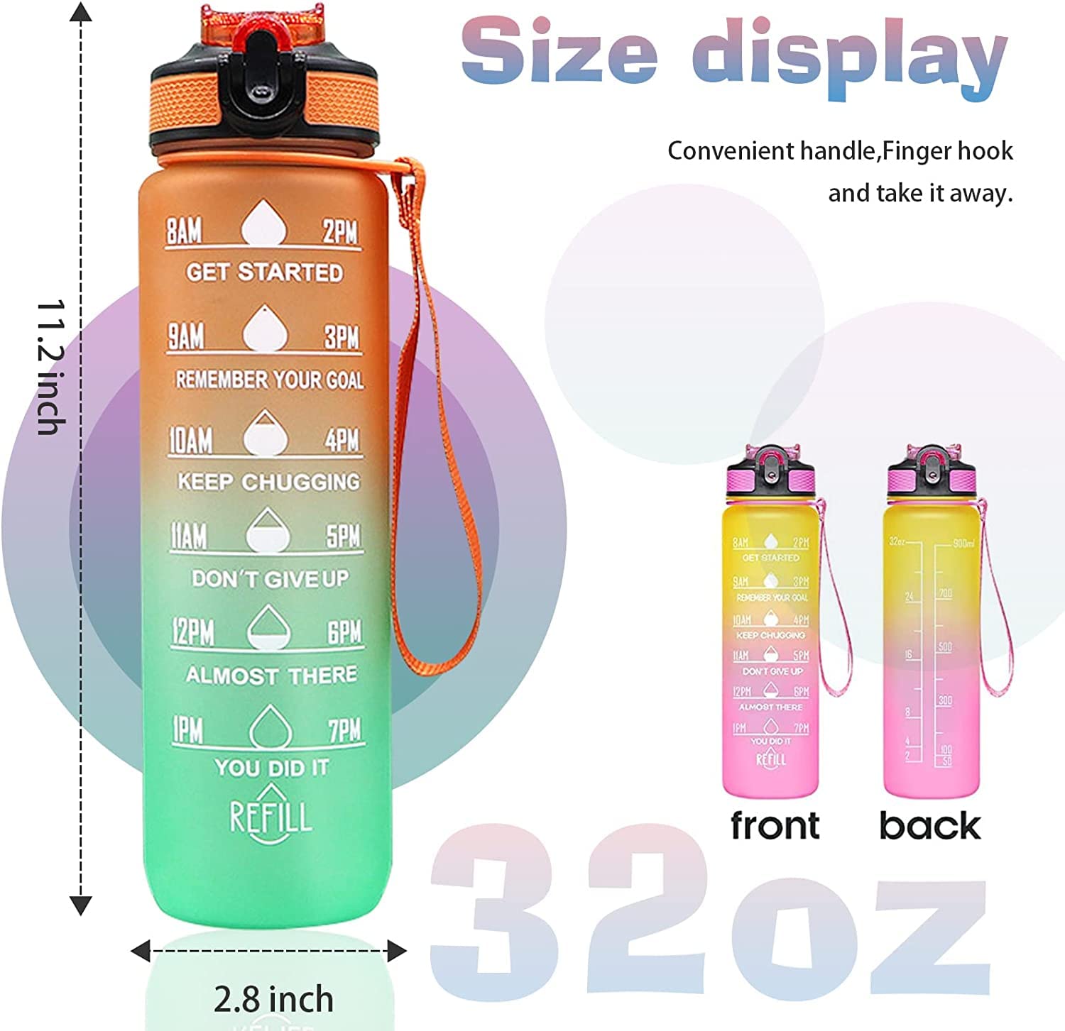 Vio Motivational Water Bottle With Time Marked To Drink, BPA Free Leak-Proof Sturdy,Daily Use For Fitness, Gym, Office and Outdoor Sports (blue-pink)