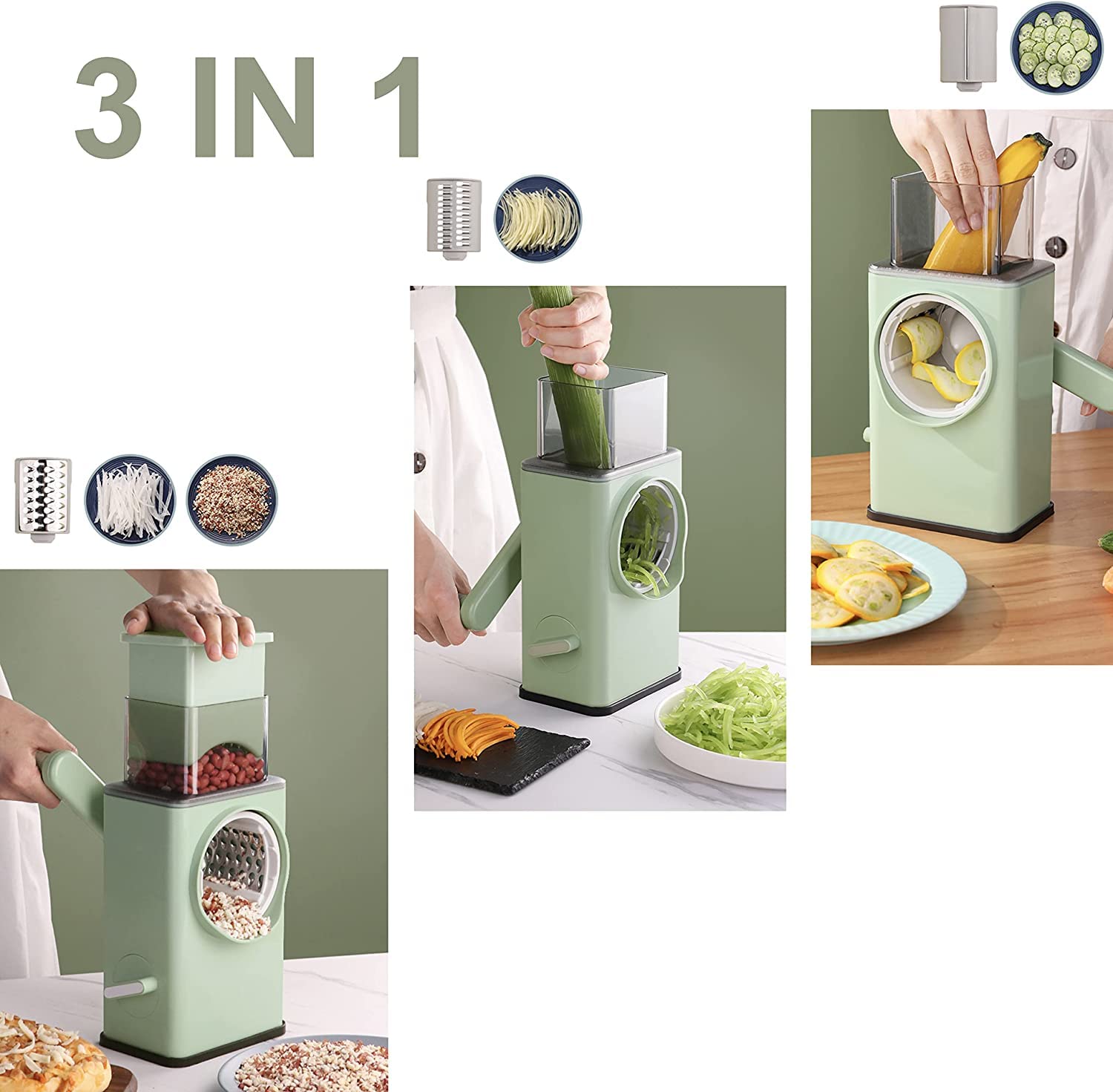 VIO Rotary Vegetable Cutter + Cheese Grater - Vegetable Shredder Round Mandoline Slicer, Grater, Salad Maker - Large Feed Port - Suction Base - Vegetable, Fruit, Cookie, OREO, Nuts