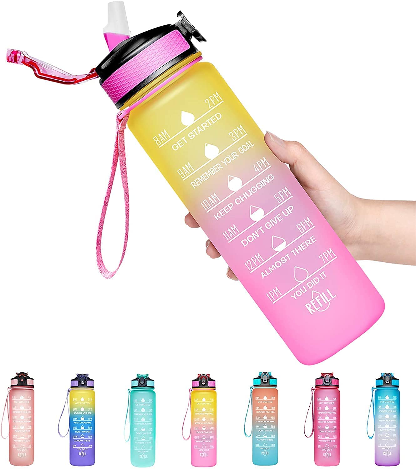 VIO 1 Litre Water Bottle with Straw, Time Markings Motivational Sport Water Bottle, Drinks Bottle for Girls, Boy, Fitness, Outdoor, Cycling, Gym, School (Blue purple)