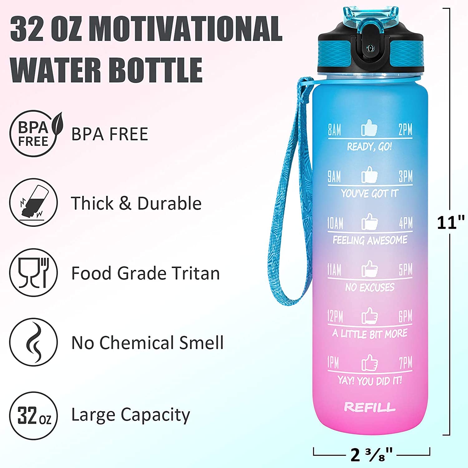 Vio Motivational Water Bottle With Time Marked To Drink, BPA Free Leak-Proof Sturdy,Daily Use For Fitness, Gym, Office and Outdoor Sports (blue-pink)