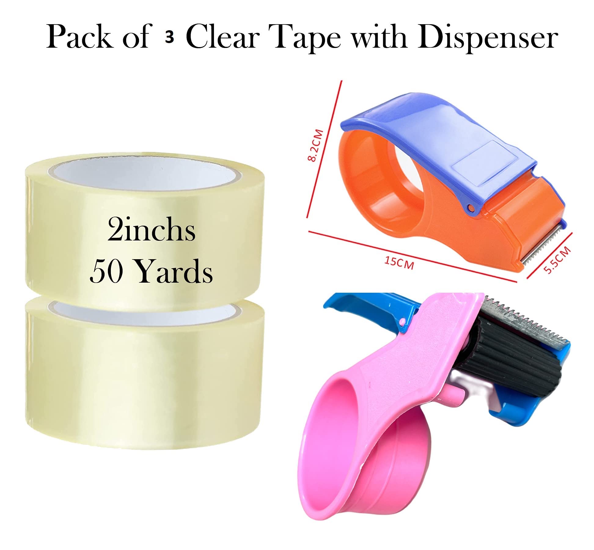 VIO Packing Tape with Dispenser, Pack of 3 Rolls, Easy-Mount Tape Packing Packaging Sealing Cutter Handheld, Clear Transparent Tape, For Packaging Sealing Masking Office Tapes (4.8CM x 50Cm)