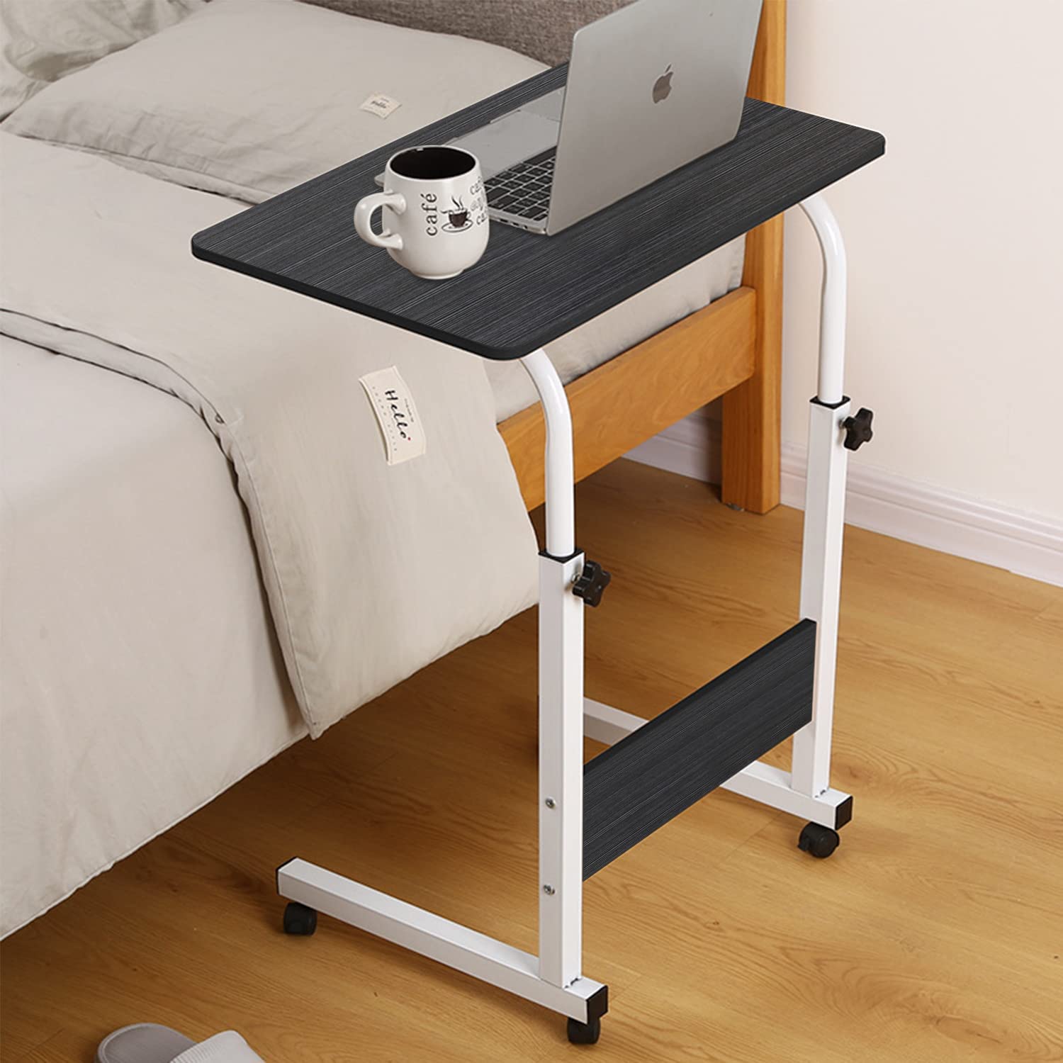 VIO Adjustable Overbed Bedside Table with Wheels Hospital and Home Use, Laptop Table for Bed, Locking Caster Wheels, Trays for Eating, Mobile Desk Cart (BLACK)