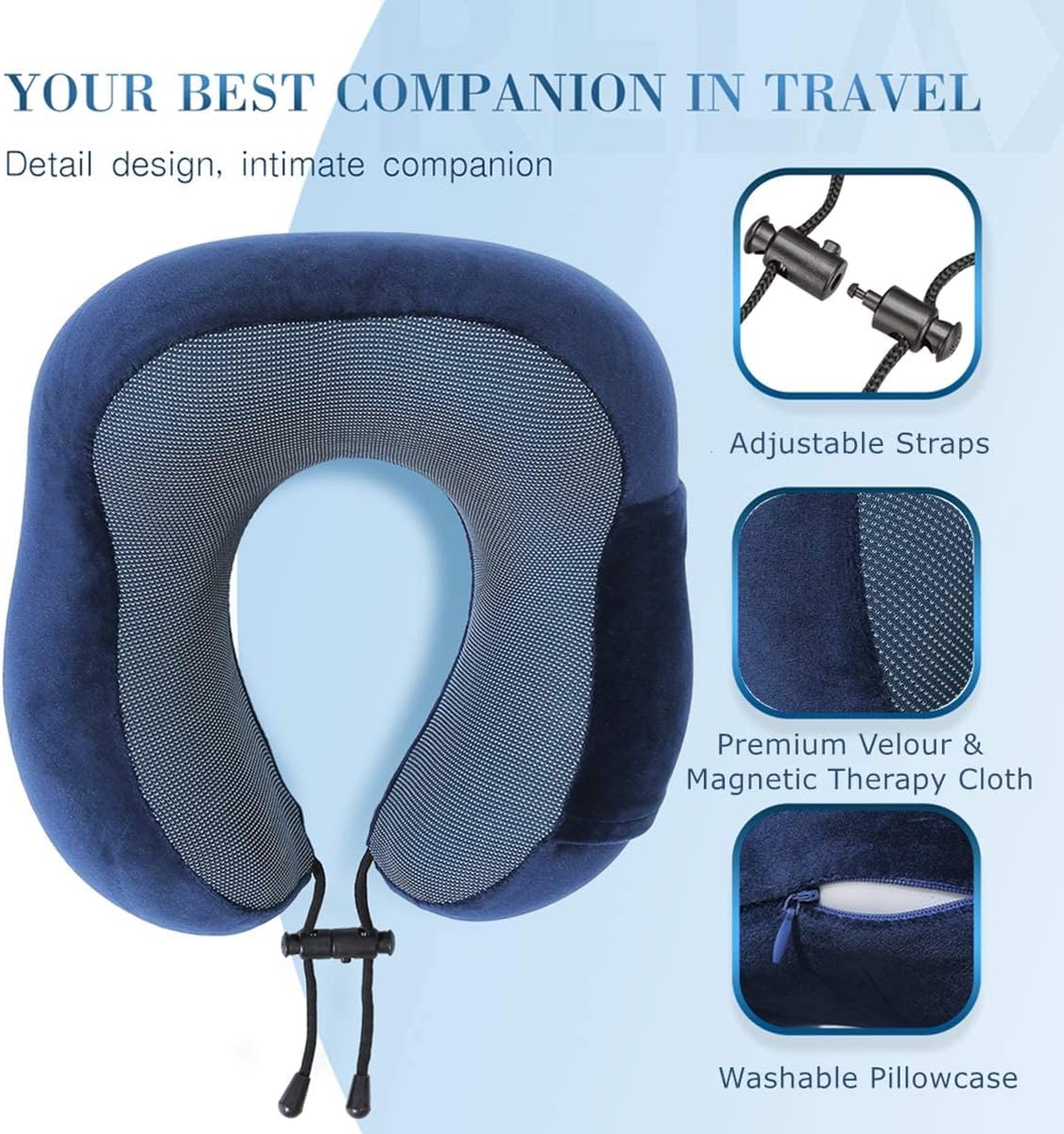VIO Travel Pillow 100% Pure Memory Foam Neck Pillow with Machine Washable Cover, Airplane Travel Kit (BLUE)