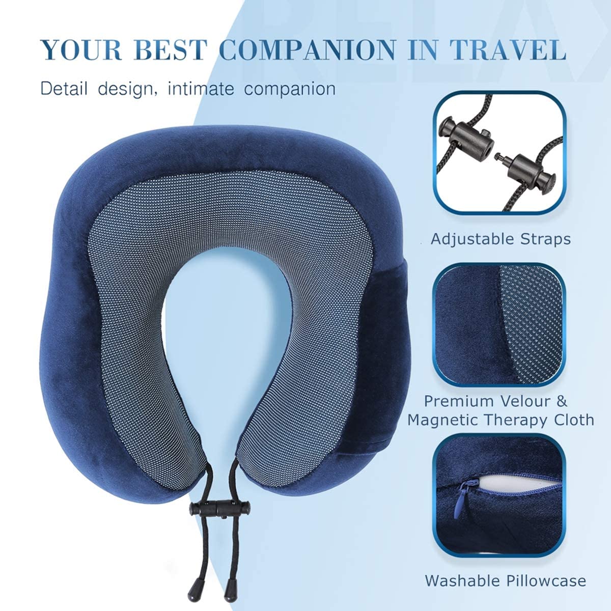 VIO Travel Pillow 100% Pure Memory Foam Neck Pillow with Machine Washable Cover, Airplane Travel Kit (BLUE)