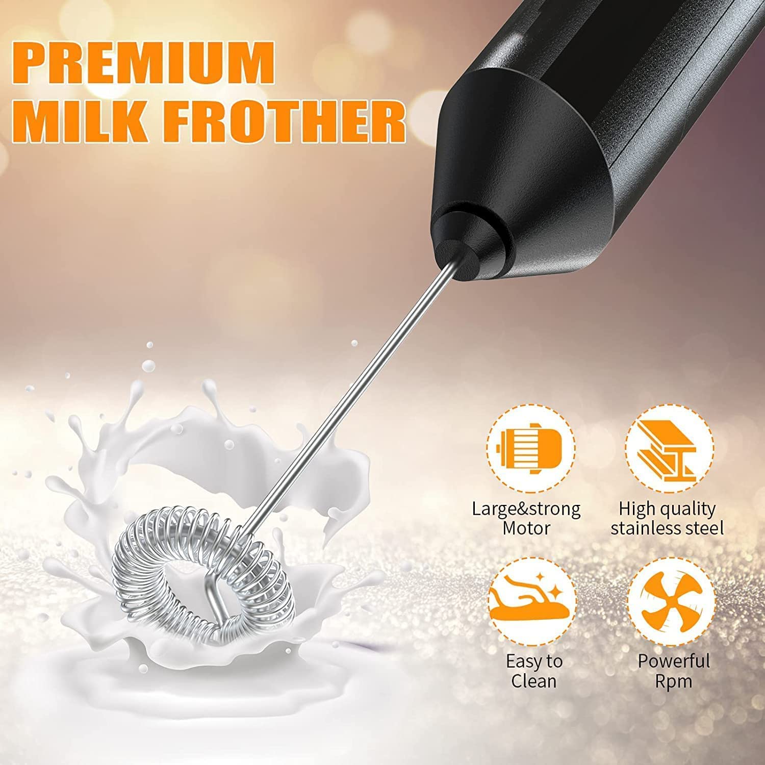 VIO Electric Milk Frother Handheld with High Motor, Mixer with Food Grade Stainless Steel Stirring Head, for Latte, Cappuccino,Drinks,Hot Chocolate. (Black)