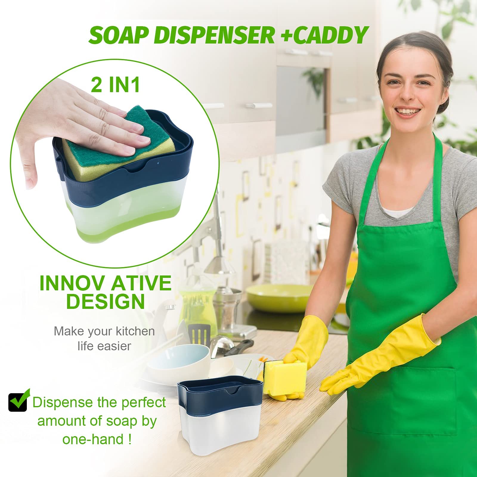 VIO Dish Soap Dispenser 2 In 1 Sponge Rack Shelf Soap Detergent Dispenser Pump, 1 Hand Operation, Sink Dish Washing Soap Dispenser (BLACK)