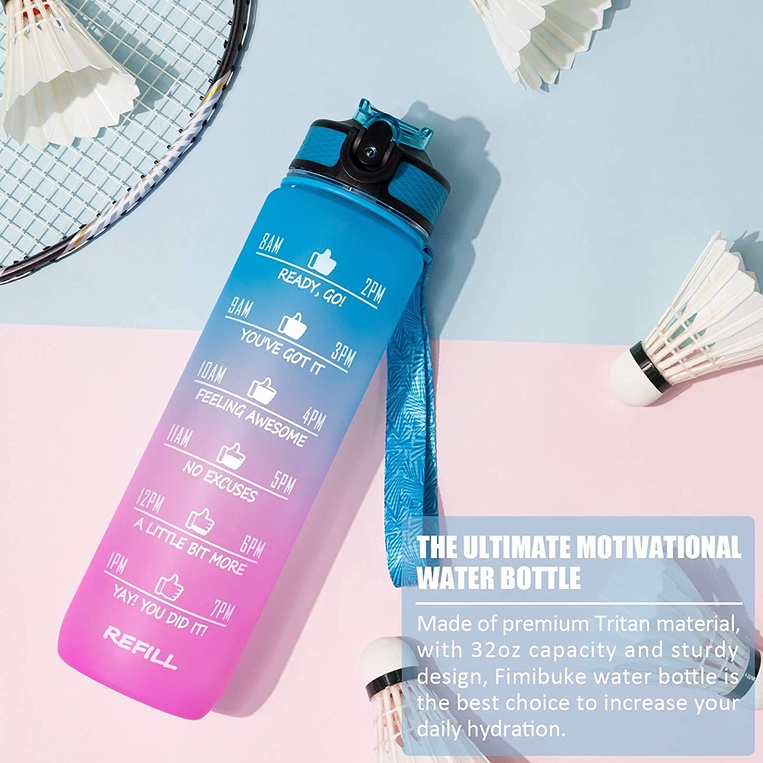 Vio Motivational Water Bottle With Time Marked To Drink, BPA Free Leak-Proof Sturdy,Daily Use For Fitness, Gym, Office and Outdoor Sports (blue-pink)