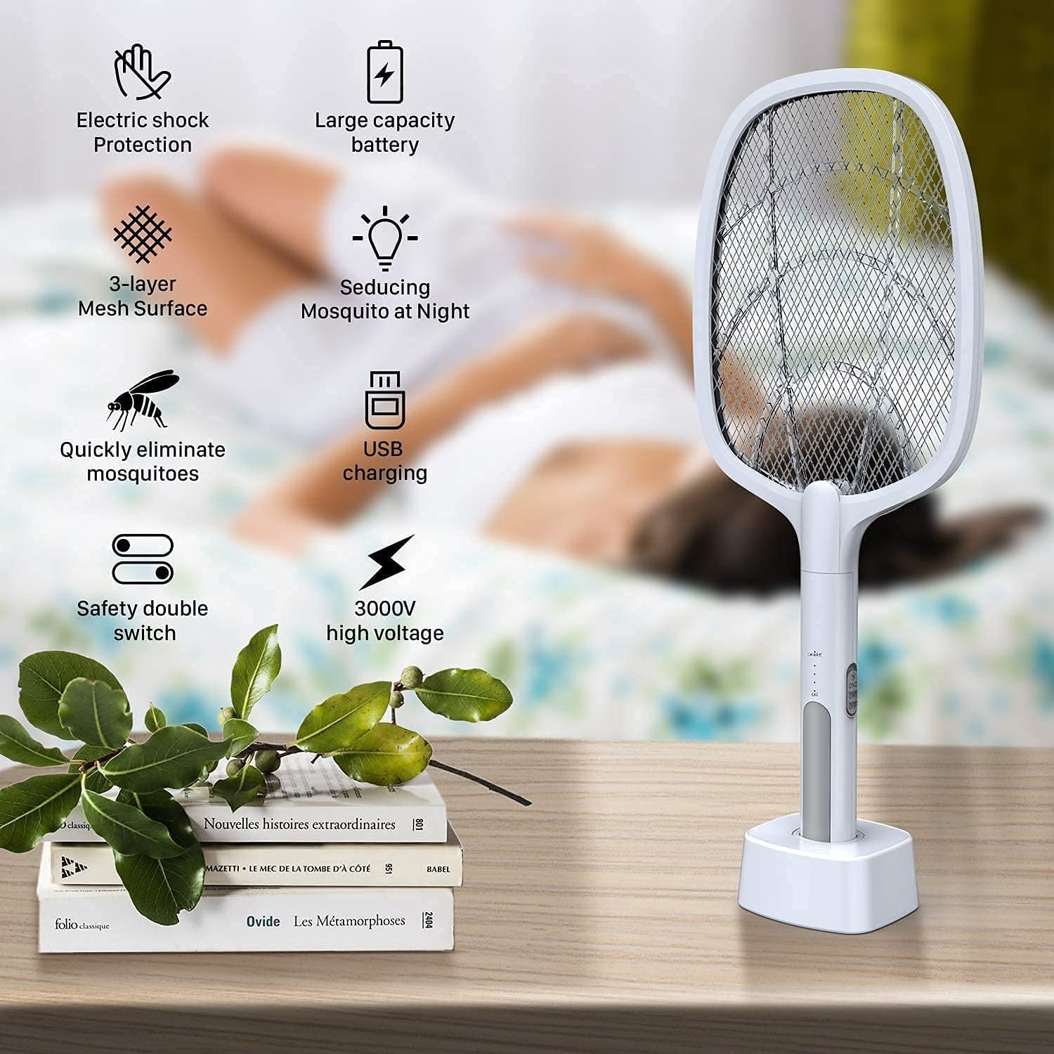 VIO Mosquito Killer Racket Rechargeable Handheld Electri Fly Swatter Mosquito Killer Racket Bat with UV Light Lamp Racket USB Charging Base