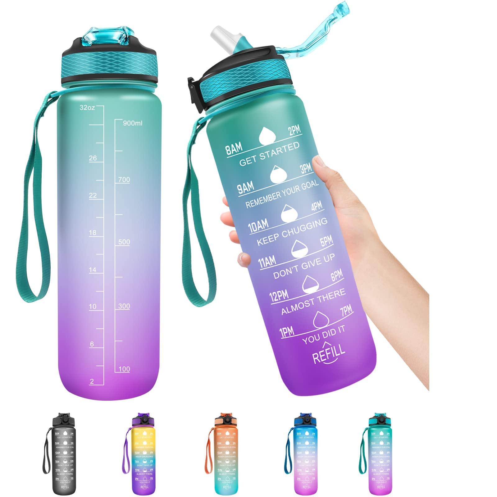 VIO 1 Litre Water Bottle with Straw, Time Markings Motivational Sport Water Bottle, Drinks Bottle for Girls, Boy, Fitness, Outdoor, Cycling, Gym, School (Blue purple)