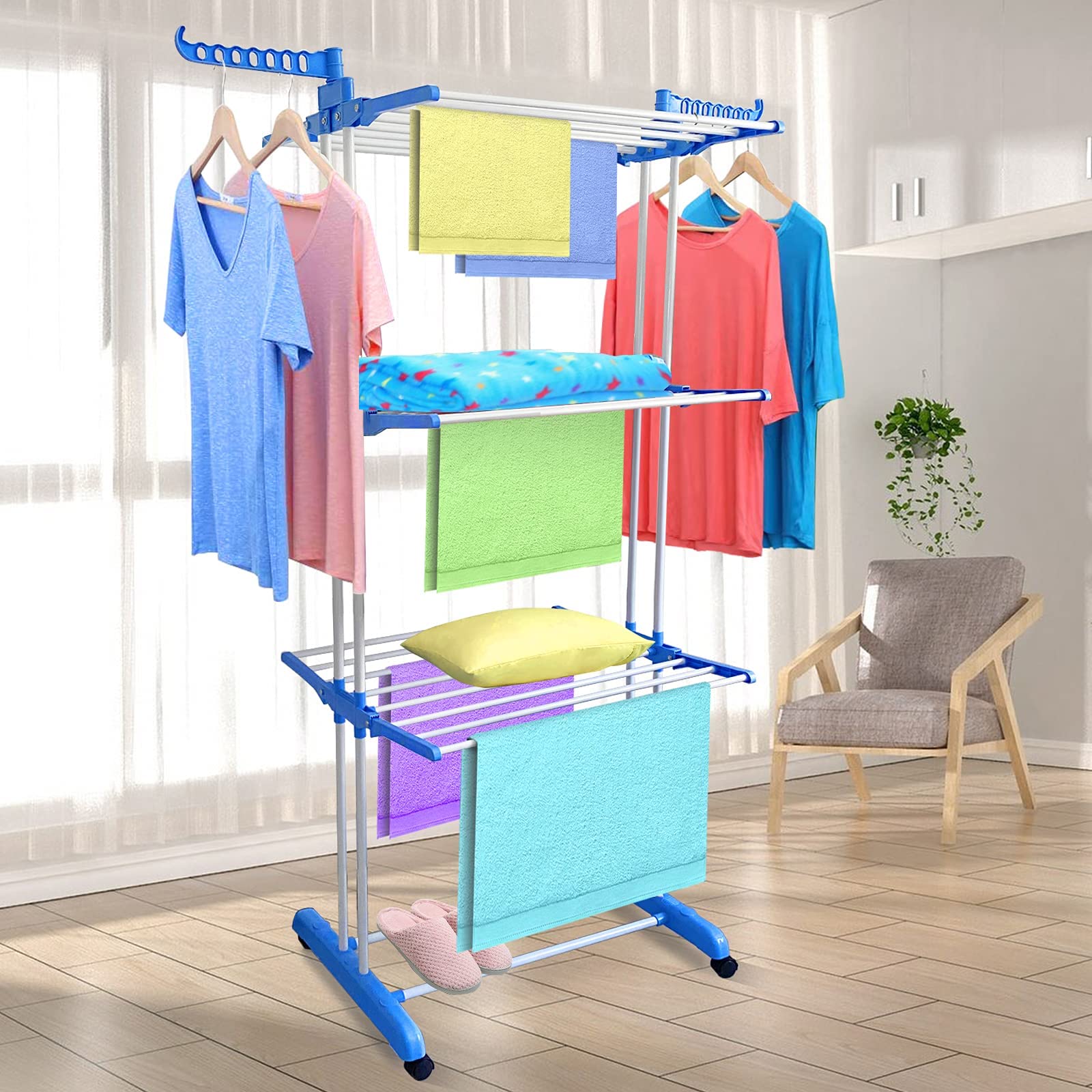 VIO Clothes Drying Rack,Foldable Clothes Hanger Adjustable Large Stainless Steel Garment Laundry Racks for Indoor Outdoor
