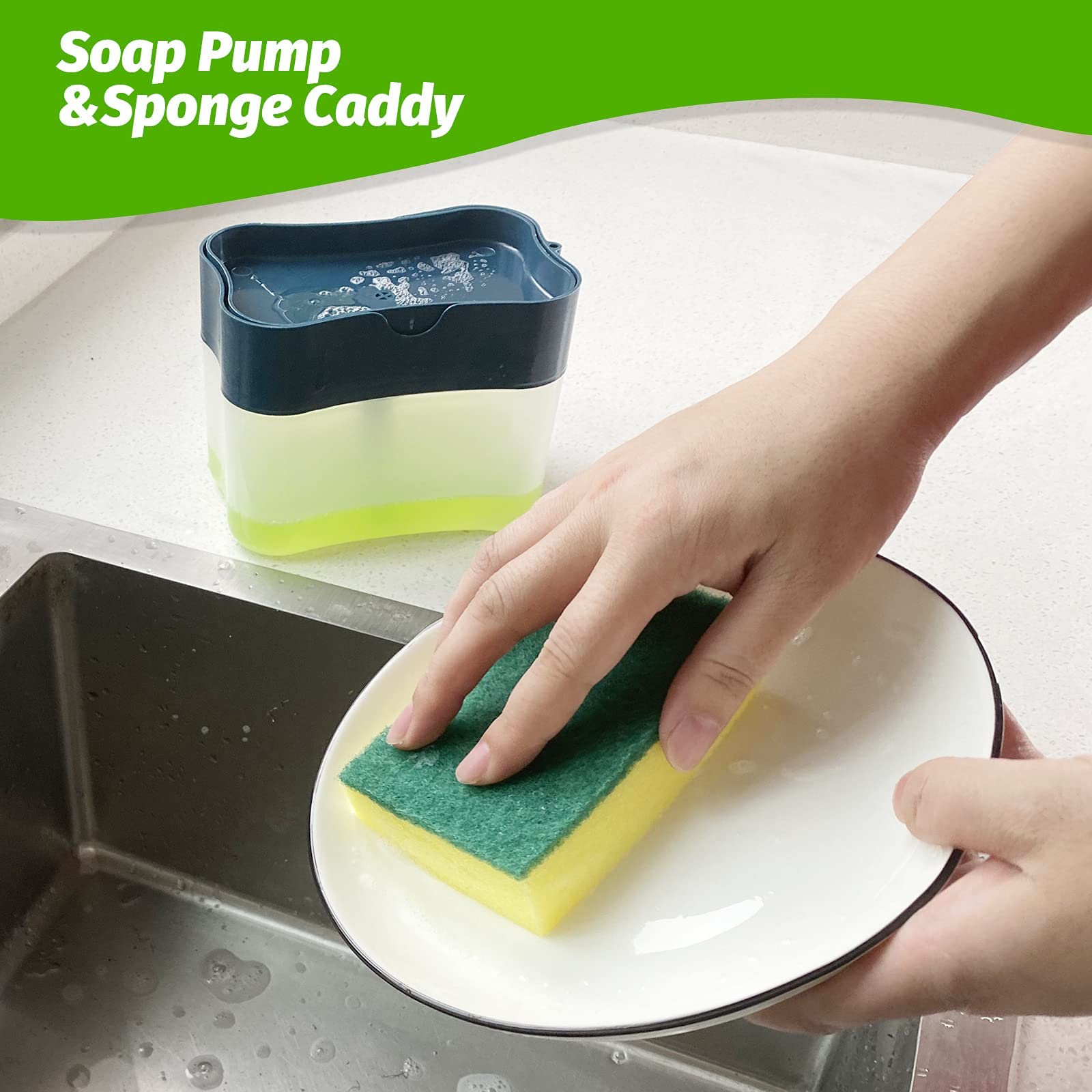 VIO Dish Soap Dispenser 2 In 1 Sponge Rack Shelf Soap Detergent Dispenser Pump, 1 Hand Operation, Sink Dish Washing Soap Dispenser (BLACK)