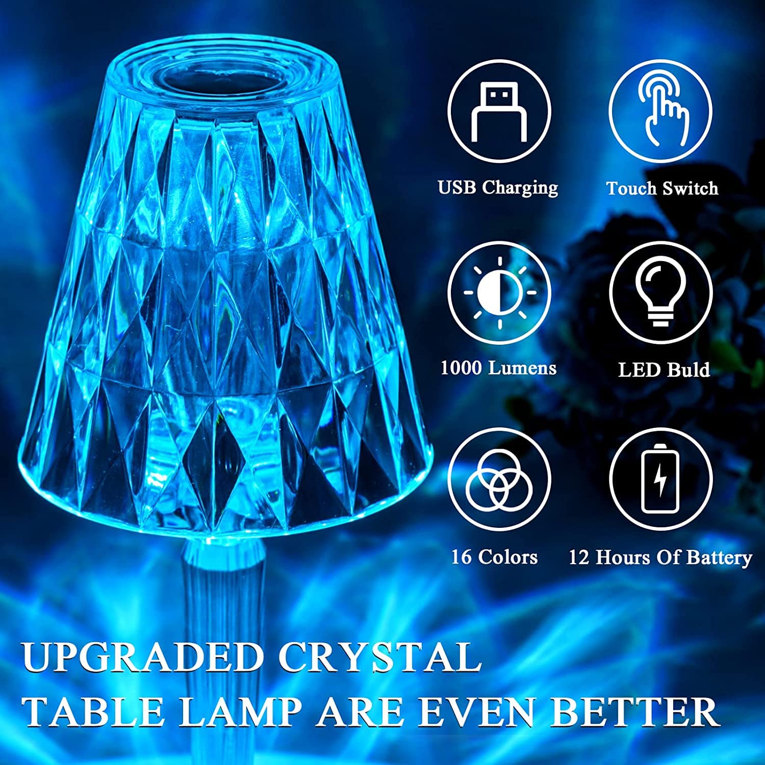 VIO Touching Control Crystal Lamp, Acrylic Diamond Glow Table Lamp, Cordless Crystal Table Lamp for Bedrooms with 16 Changing Color (RGB)