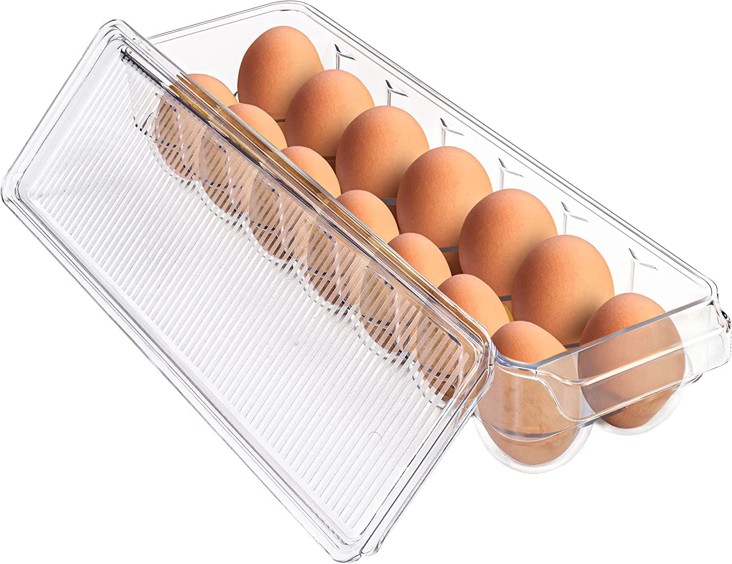 VIO BPA-free Clear Plastic Egg Holder, Egg Container for Refrigerator - 14 Egg Container with Lid & Durable Handle, Plastic Egg Tray Holder for Refrigerator, Kitchen Organization, Stackable (1)