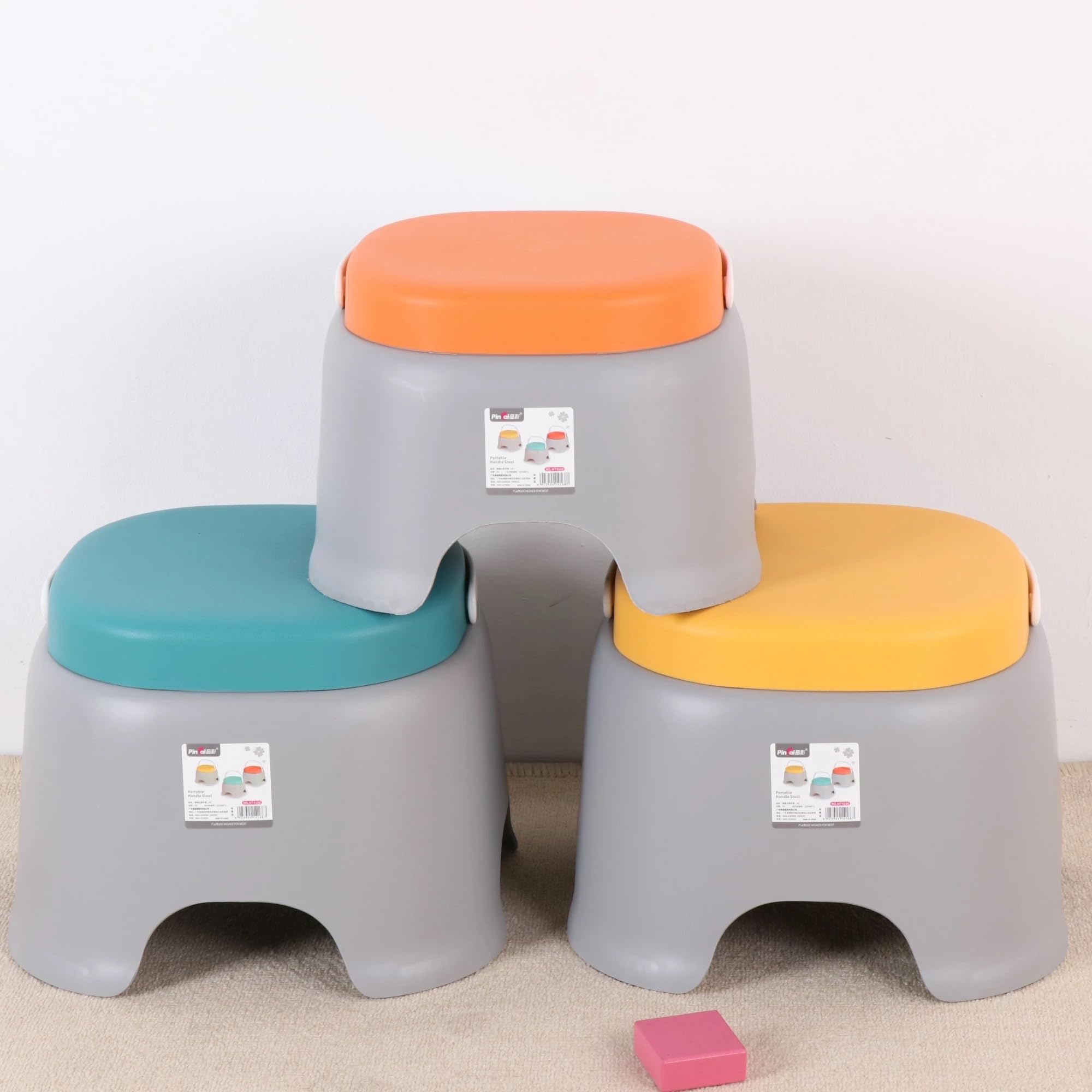 VIO Children's Portable Plastic Stool, Non-Slip, Stackable, Durable, Stool for Kindergarten Pre-School, Children's Plastic, Lightweight, Easy-Carry Stool with Handle in Vibrant Colors (Blue-Small)