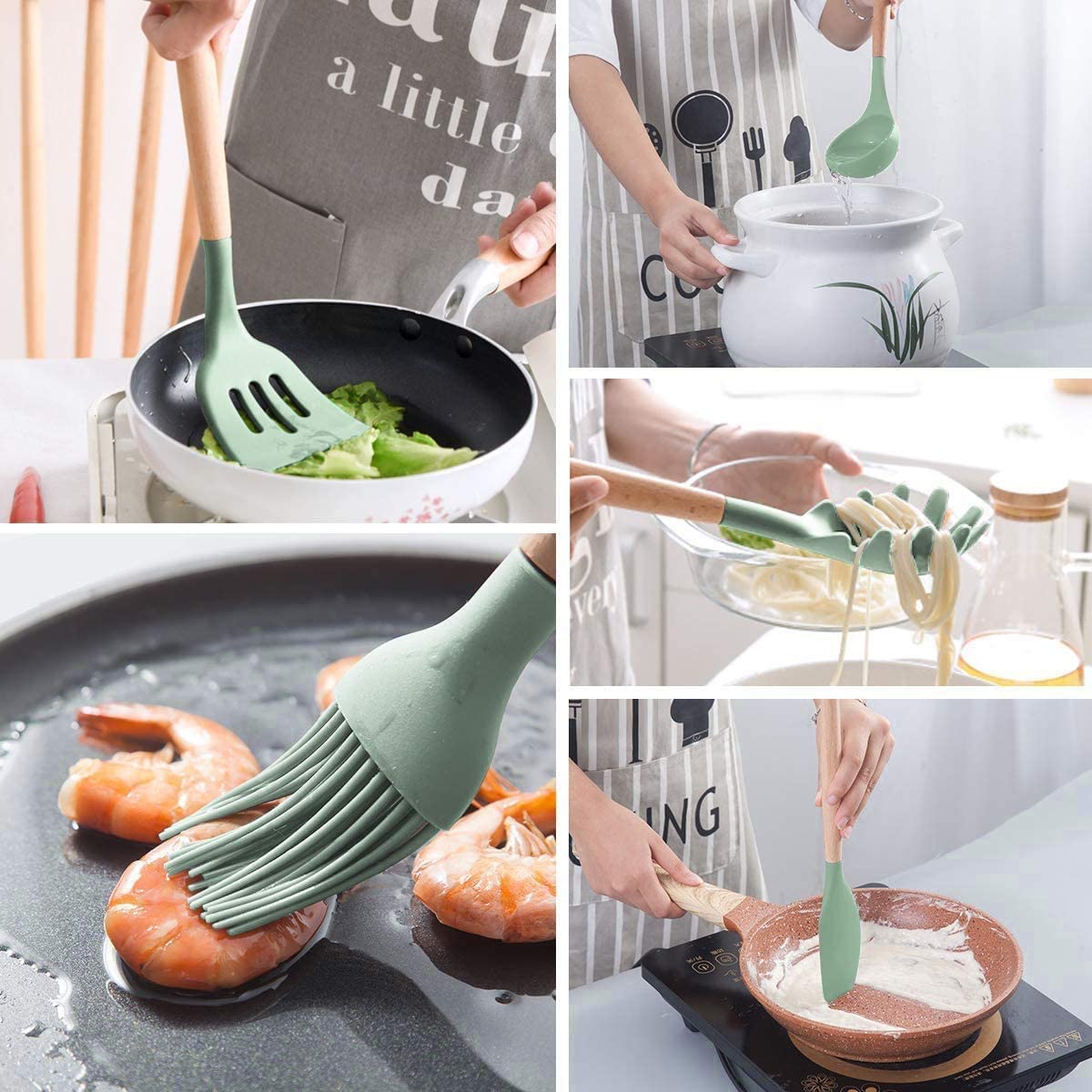 VIO 12PCS Kitchen Utensil Set Silicone Cooking Utensils Kit Spatula Heat Resistant Wooden Spoons Gadgets Tool for Non-Stick Cookware (GREEN)