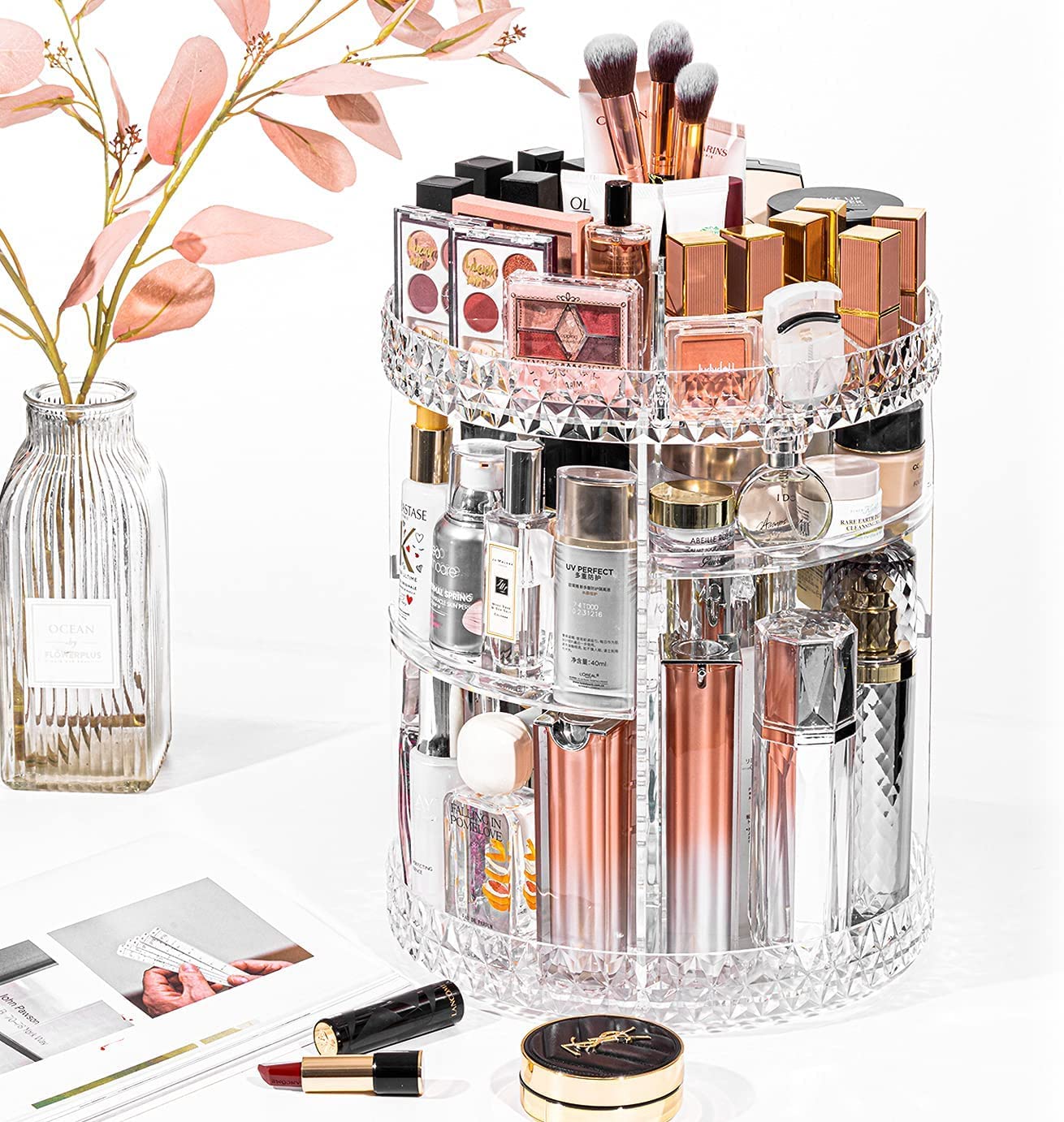 VIO Diamond Makeup Organizer, Clear Acrylic 360 Degree Rotating Cosmetic Storage Organizer, 6-Layer Adjustable Makeup Display Case, Organizer for Lipsticks and Makeup Brushes