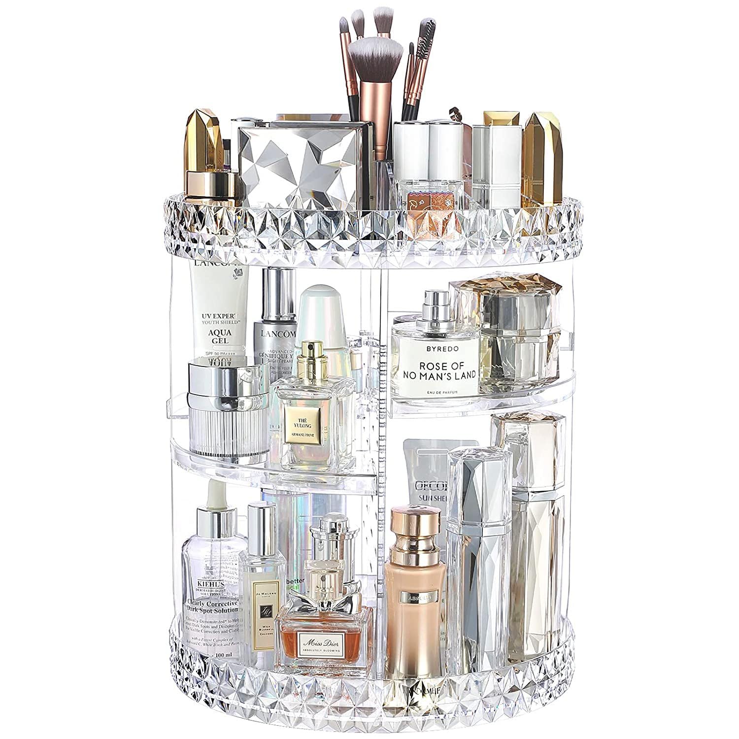 VIO Diamond Makeup Organizer, Clear Acrylic 360 Degree Rotating Cosmetic Storage Organizer, 6-Layer Adjustable Makeup Display Case, Organizer for Lipsticks and Makeup Brushes