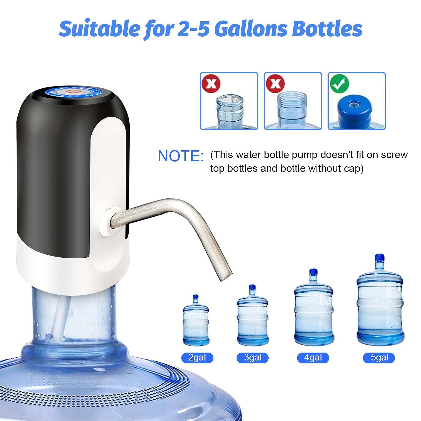 VIO Water Bottle Pump, Water Bottle Dispenser 5 Gallon USB Charging Automatic Drinking Water Pump Portable Electric Water Dispenser Water Bottle Switch (Black)
