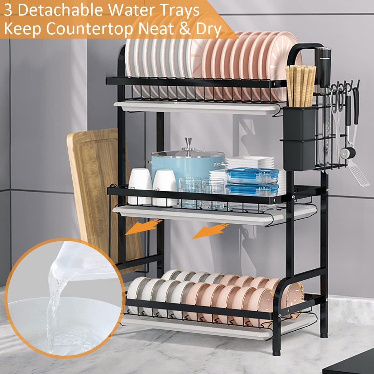 VIO Dish Drying Rack 3 Tier Kitchen Shelf Dish Rack with Utensil & Cutting Board Holder Dish Drainer Rack Tableware Chopsticks Dish Plate Drain Cupboard Storage Box 63.2x26.8x13.8cm Black