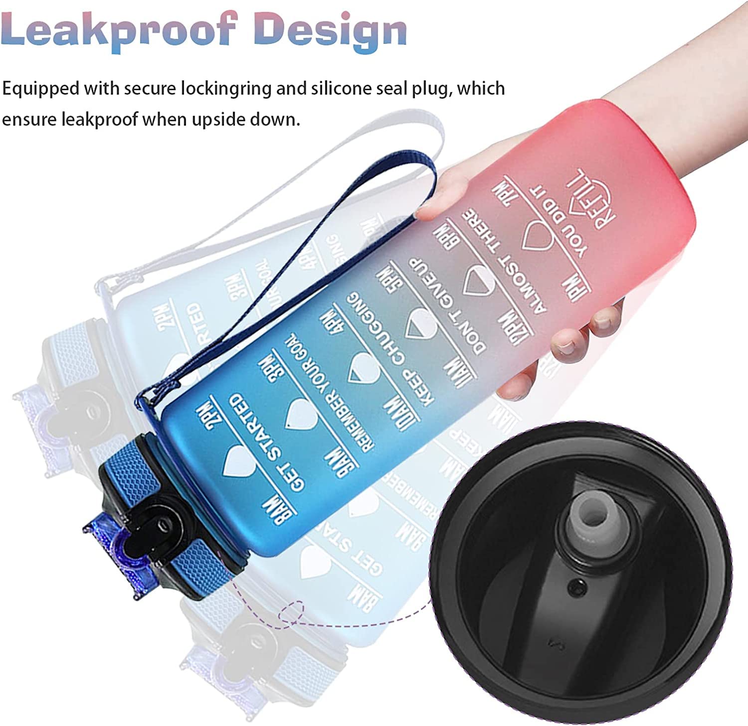 Vio Motivational Water Bottle With Time Marked To Drink, BPA Free Leak-Proof Sturdy,Daily Use For Fitness, Gym, Office and Outdoor Sports (blue-pink)