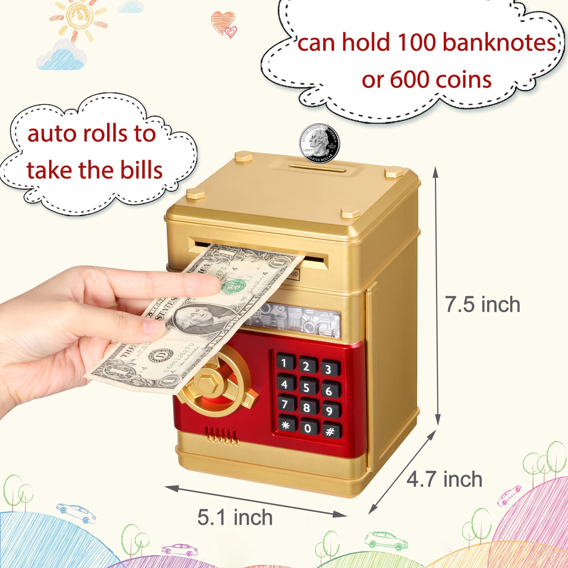 VIO Electronic Bank, Mini ATM Password Money Bank Cash Coins Saving Box for Kids, Cartoon Safe Bank Box Perfect Toy Gifts for Boys Girls (Black)