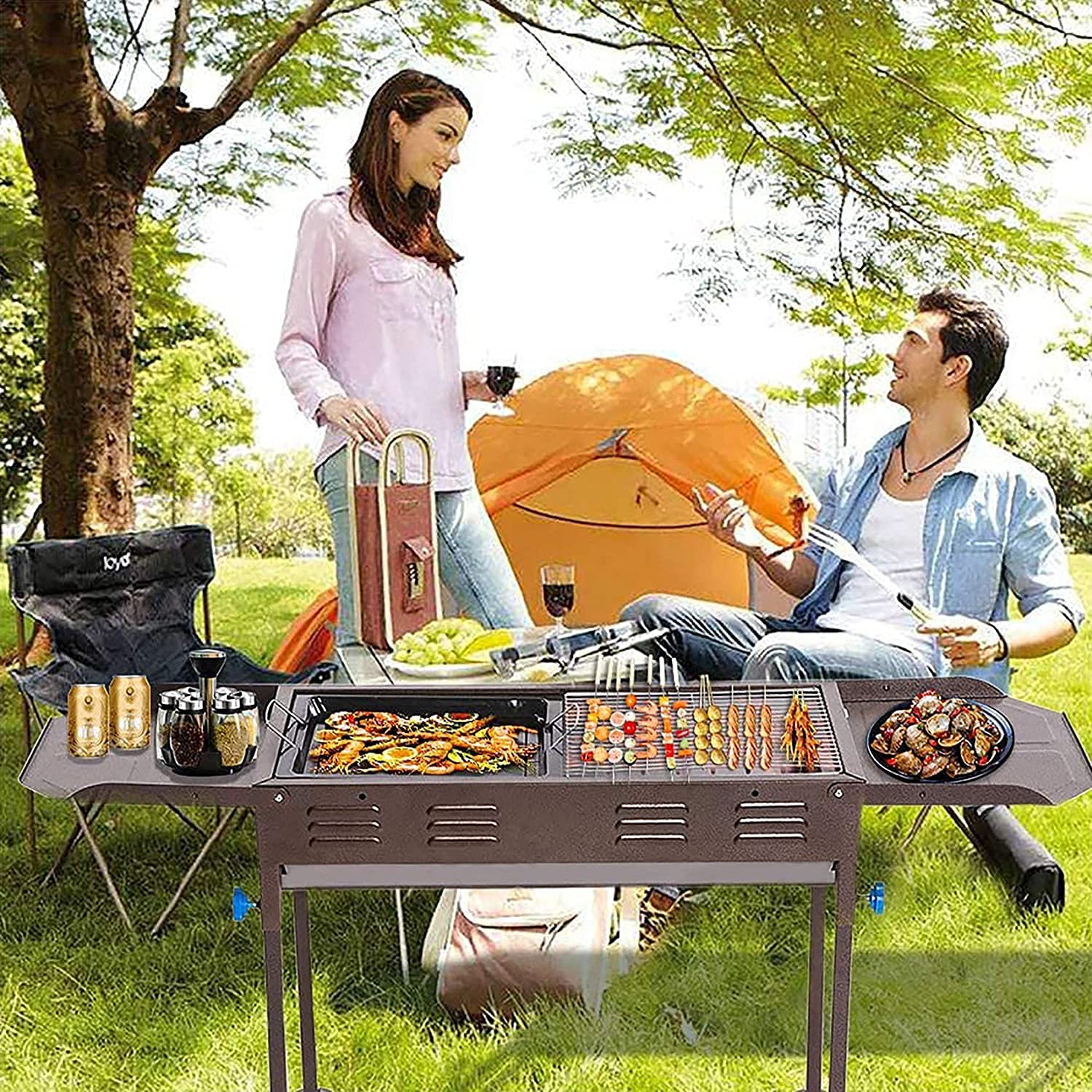 VIO Charcoal Grill Portable BBQ Grill Folding Barbecue Grill Charcoal Shish Kebab Grill Stainless Steel Camping Grill for Outdoor Picnic, Patio, Backyard & Camping, Suitable For 5-15 People