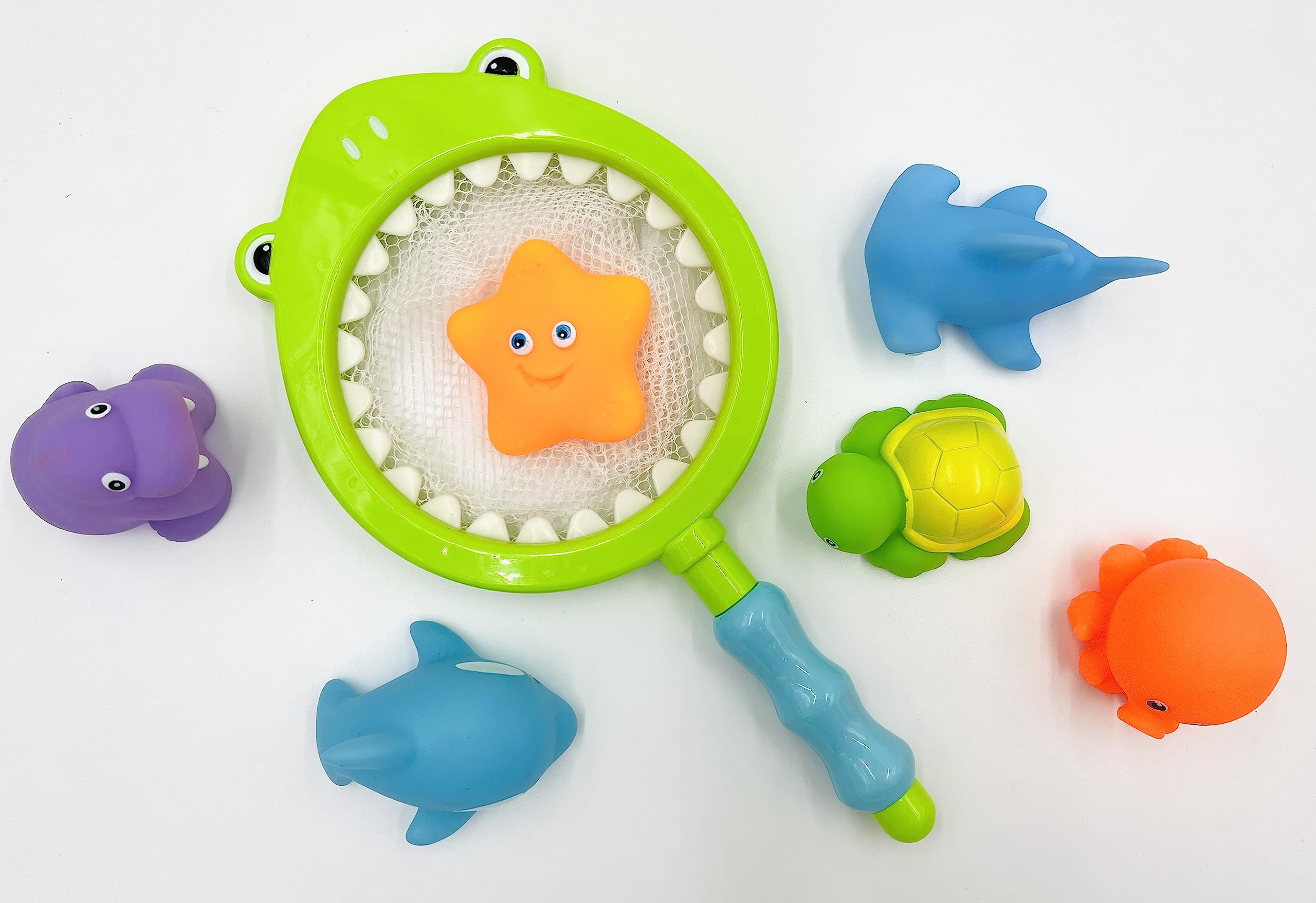 VIO Bath Toys, Fish Pool Toys with Sounds for Kids, Toddlers, Baby, Scoop Net Bath and Fishing Toys (7Pcs) (Color - Green)